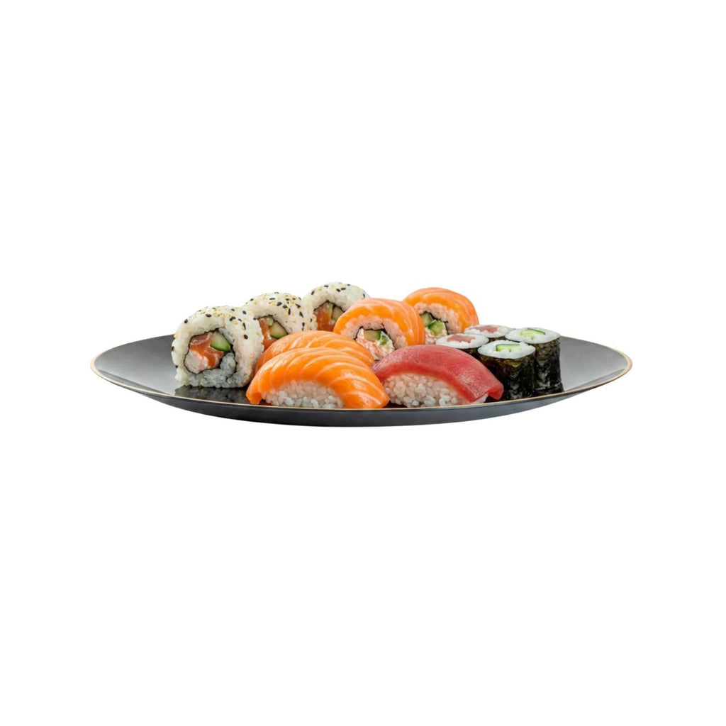Moderna Round Black Plastic Gold-Rimmed Plate - 10" x 10" x 3/4" - 200 count box