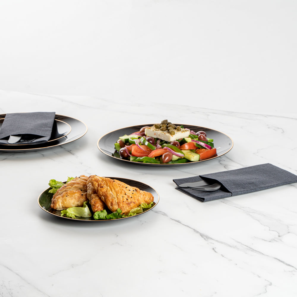 Moderna Round Black Plastic Gold-Rimmed Plate Set - Includes 7" and 10" Plate Sets - 40 count box