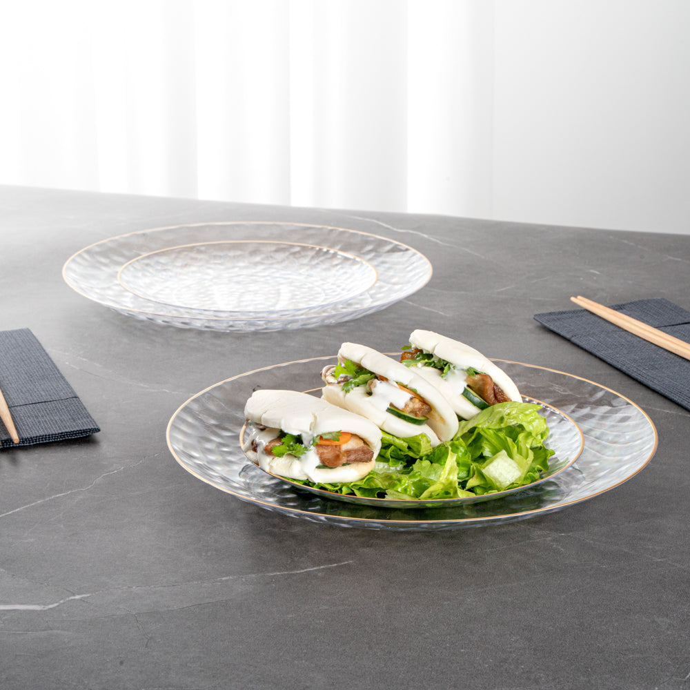Moderna Round Clear Plastic Gold-Rimmed Plate Set - Hammered, Includes 7" and 10" Plate Sets - 40 count box