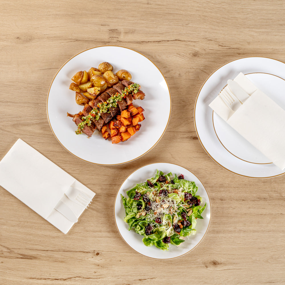 Moderna Round White Plastic Gold-Rimmed Plate Set - Includes 7" and 10" Plate Sets - 40 count box
