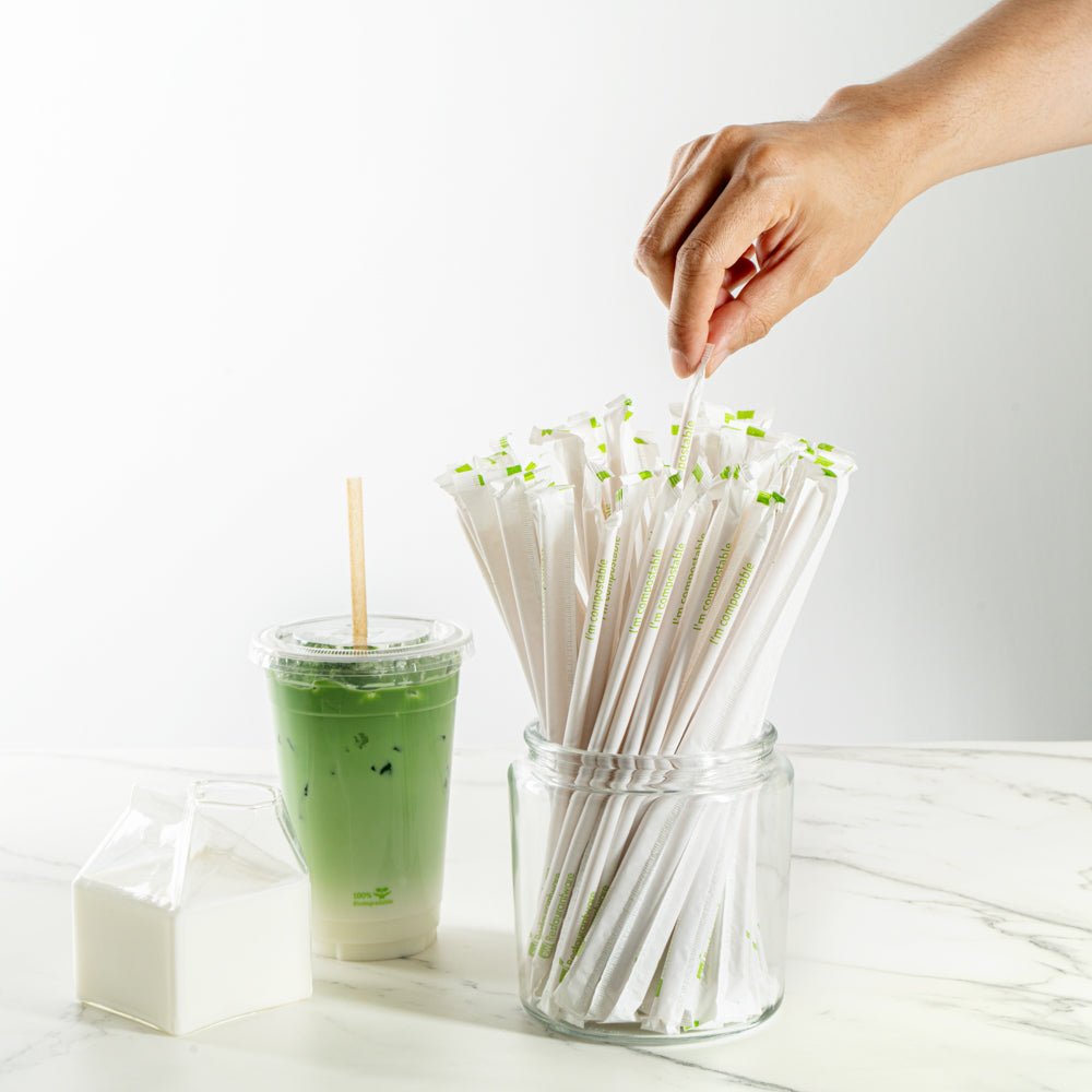 Basic Nature Brown PLA Plastic / Sugarcane Straw - Wrapped, Compostable - 8 1/4" - 2000 count box