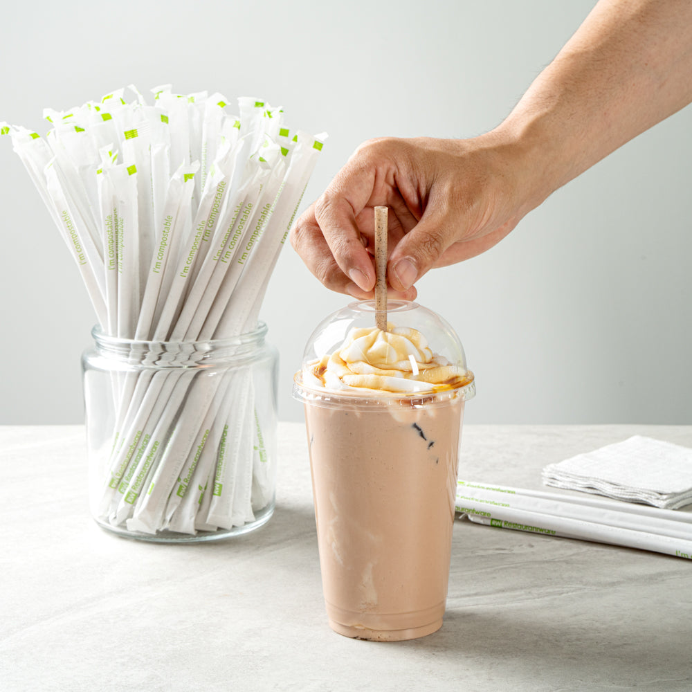 Basic Nature Brown PLA Plastic / Coffee Ground Straw - Wrapped, Compostable - 8 1/4" - 100 count box
