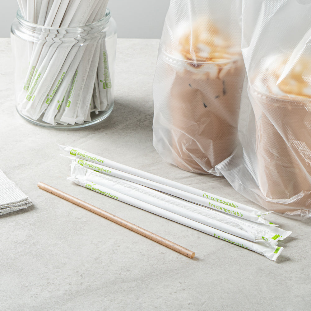 Basic Nature Brown PLA Plastic / Coffee Ground Straw - Wrapped, Compostable - 8 1/4" - 100 count box