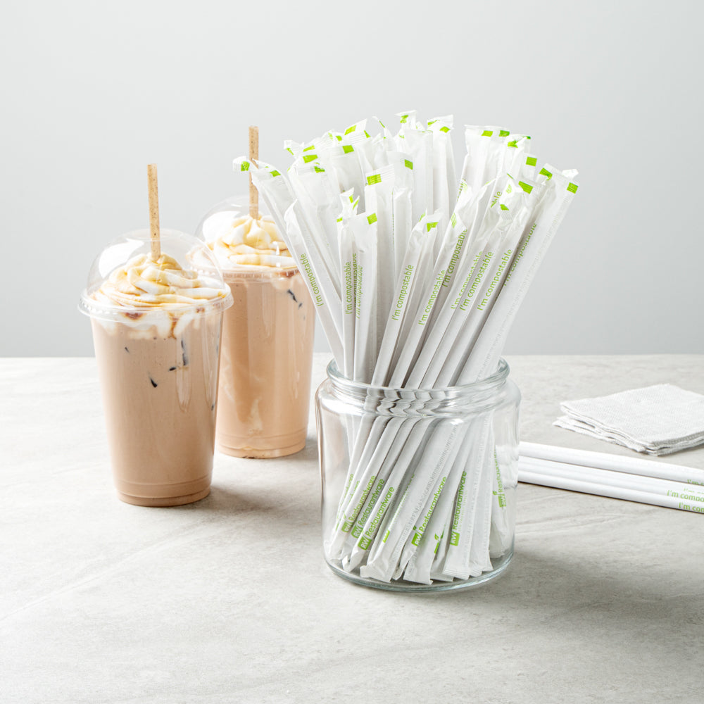 Basic Nature Brown PLA Plastic / Coffee Ground Straw - Wrapped, Compostable - 8 1/4" - 100 count box