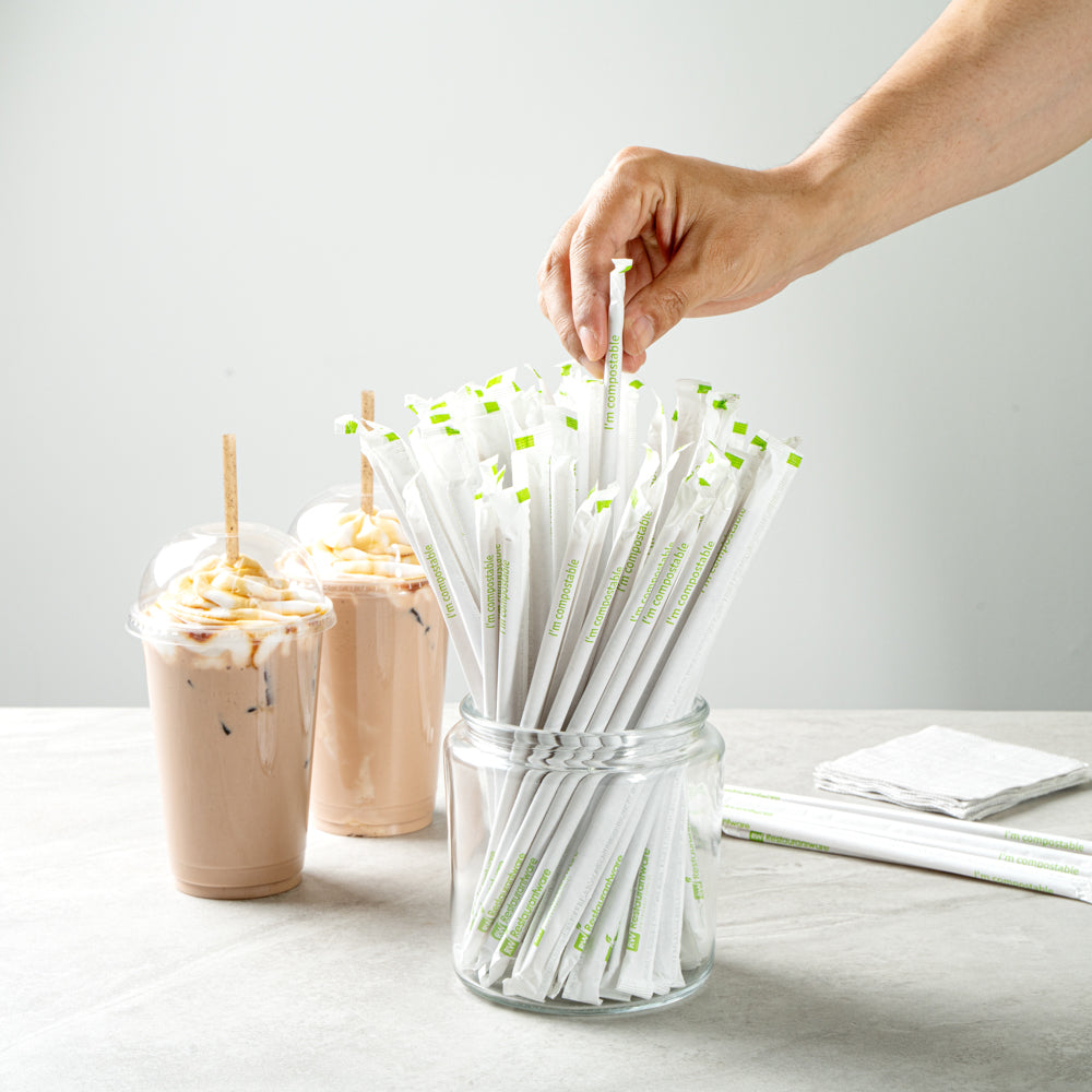 Basic Nature Brown PLA Plastic / Coffee Ground Straw - Wrapped, Compostable - 8 1/4" - 2000 count box