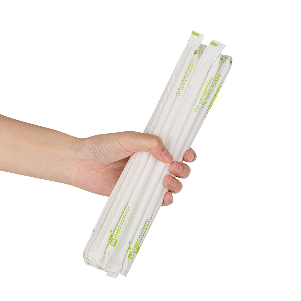 Basic Nature White PLA / PBAT Plastic Straw - Wrapped, Flexible, Compostable - 8 1/4" - 100 count box