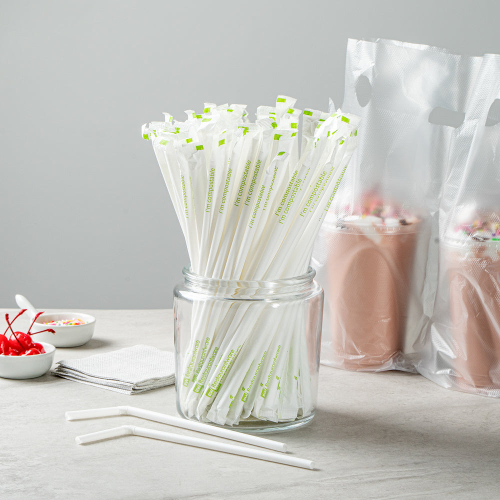 Basic Nature White PLA / PBAT Plastic Straw - Wrapped, Flexible, Compostable - 8 1/4" - 100 count box