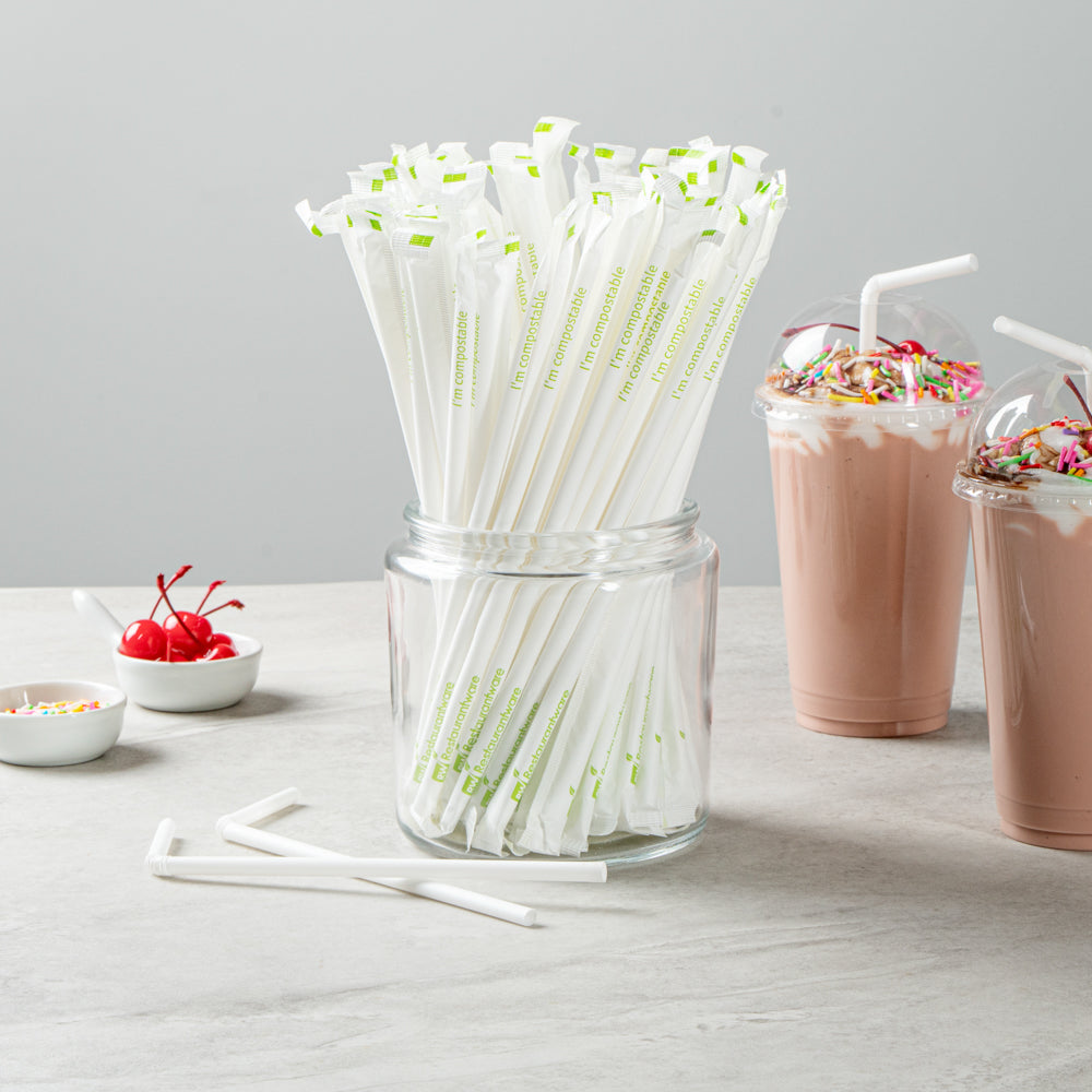 Basic Nature White PLA / PBAT Plastic Straw - Wrapped, Flexible, Compostable - 8 1/4" - 2000 count box