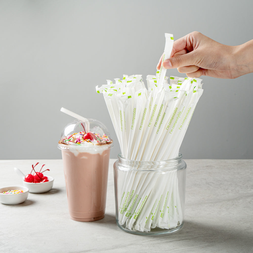 Basic Nature White PLA / PBAT Plastic Straw - Wrapped, Flexible, Compostable - 8 1/4" - 2000 count box