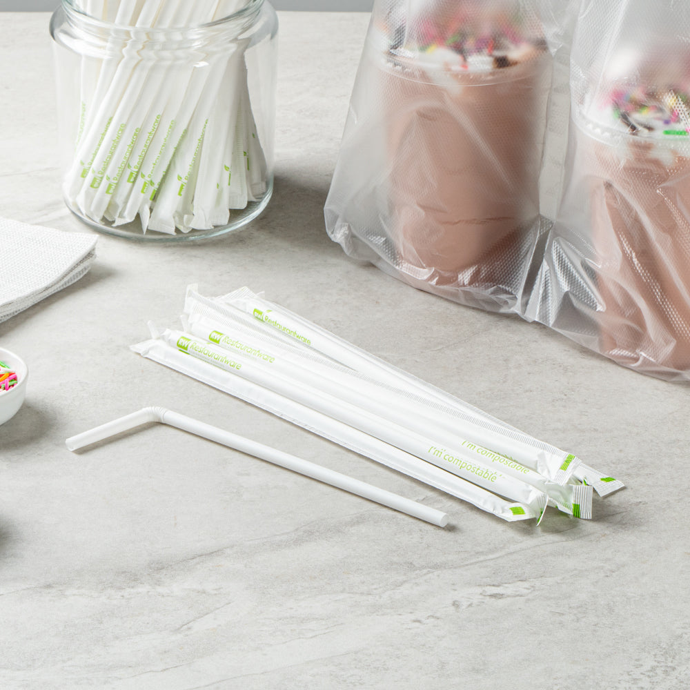 Basic Nature White PLA / PBAT Plastic Straw - Wrapped, Flexible, Compostable - 8 1/4" - 2000 count box