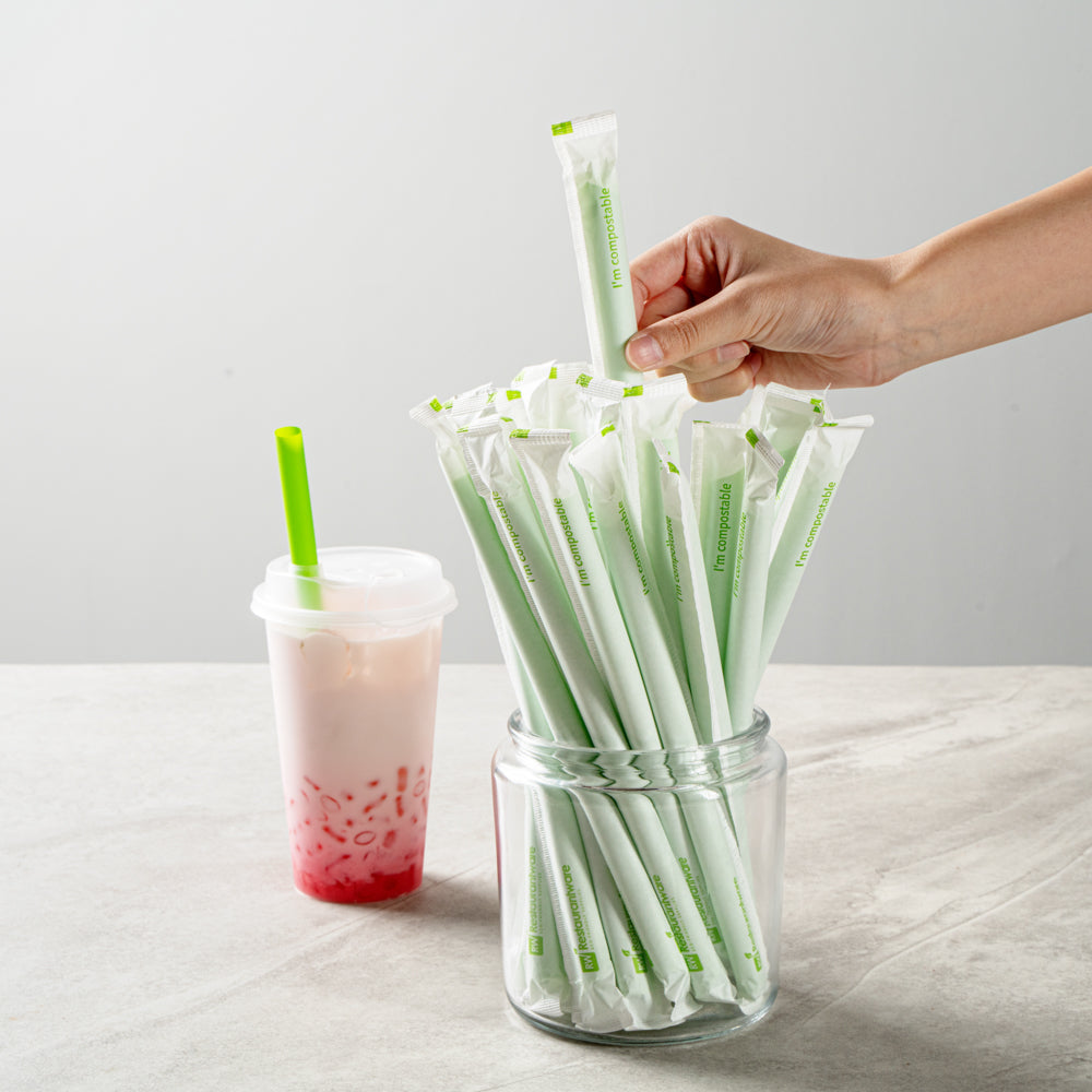 Basic Nature Green PLA / PBAT Plastic Boba Straw - Wrapped, Compostable - 9" - 100 count box
