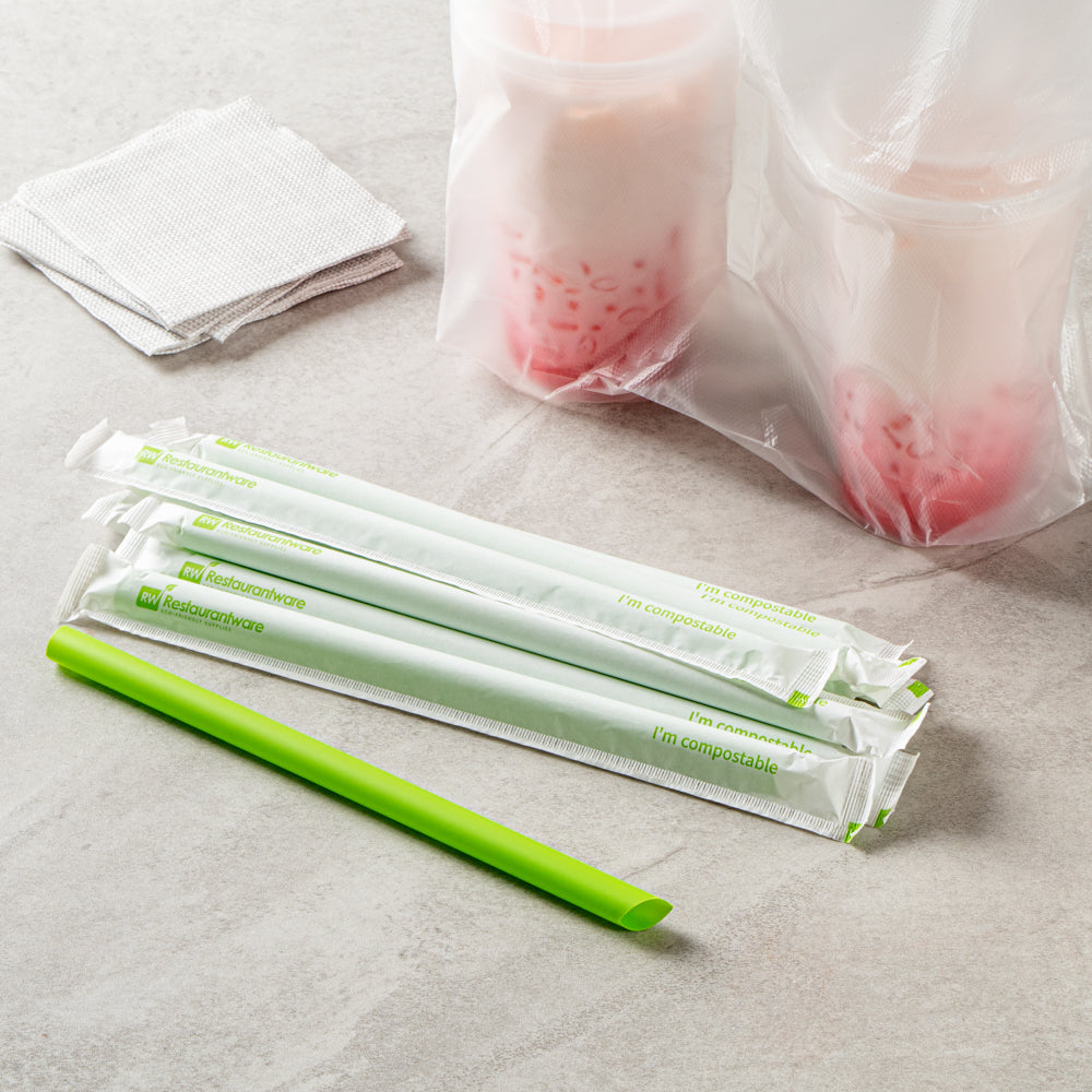 Basic Nature Green PLA / PBAT Plastic Boba Straw - Wrapped, Compostable - 9" - 100 count box