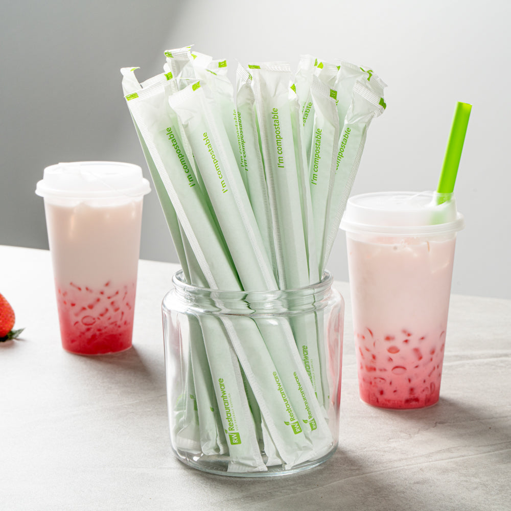 Basic Nature Green PLA / PBAT Plastic Boba Straw - Wrapped, Compostable - 9" - 2000 count box