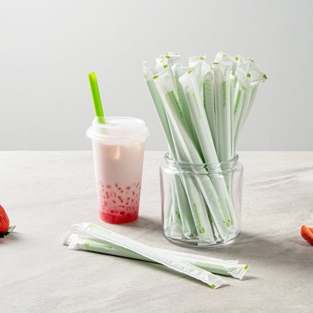 Basic Nature Green PLA / PBAT Plastic Boba Straw - Wrapped, Compostable - 9" - 2000 count box
