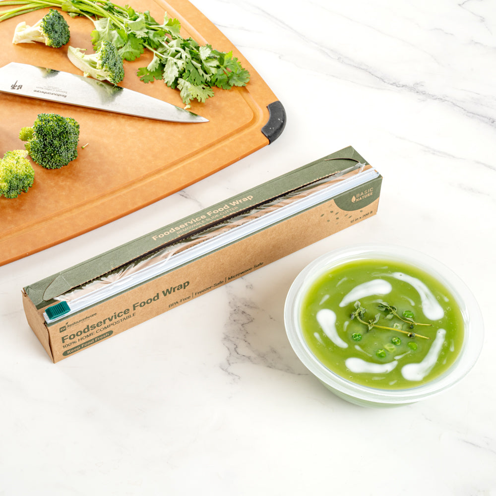 Basic Nature Clear Plastic Foodservice Food Wrap - Home Compostable, BPA-Free, Microwave-Safe - 12" x 200' - 1 count box