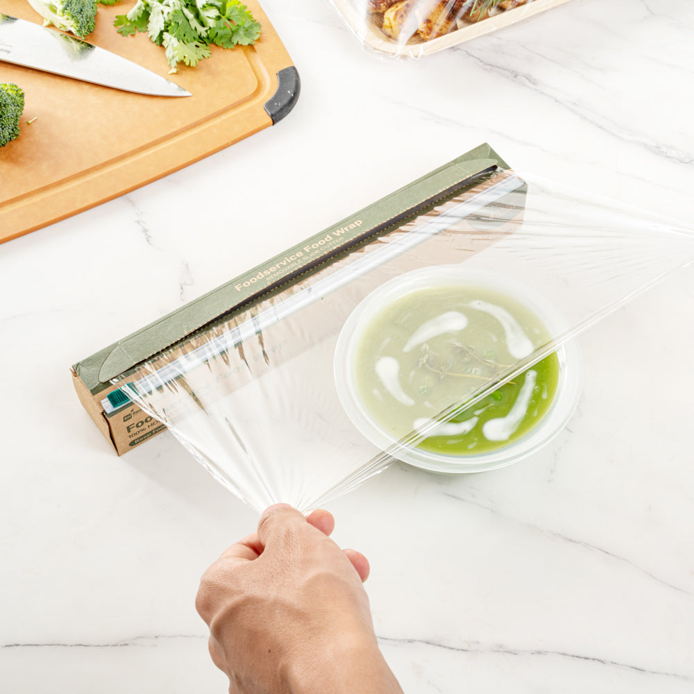 Basic Nature Clear Plastic Foodservice Food Wrap - Home Compostable, BPA-Free, Microwave-Safe - 12" x 200' - 1 count box