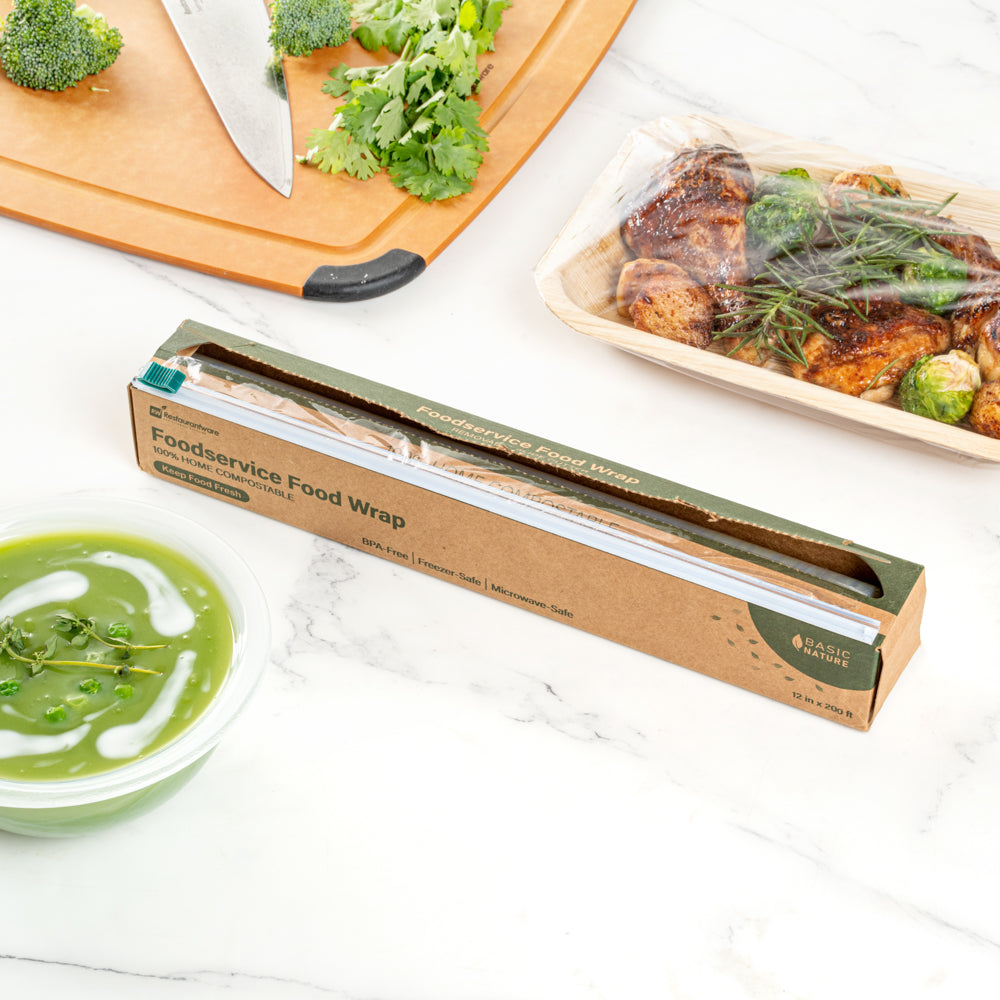 Basic Nature Clear Plastic Foodservice Food Wrap - Home Compostable, BPA-Free, Microwave-Safe - 12" x 200' - 1 count box