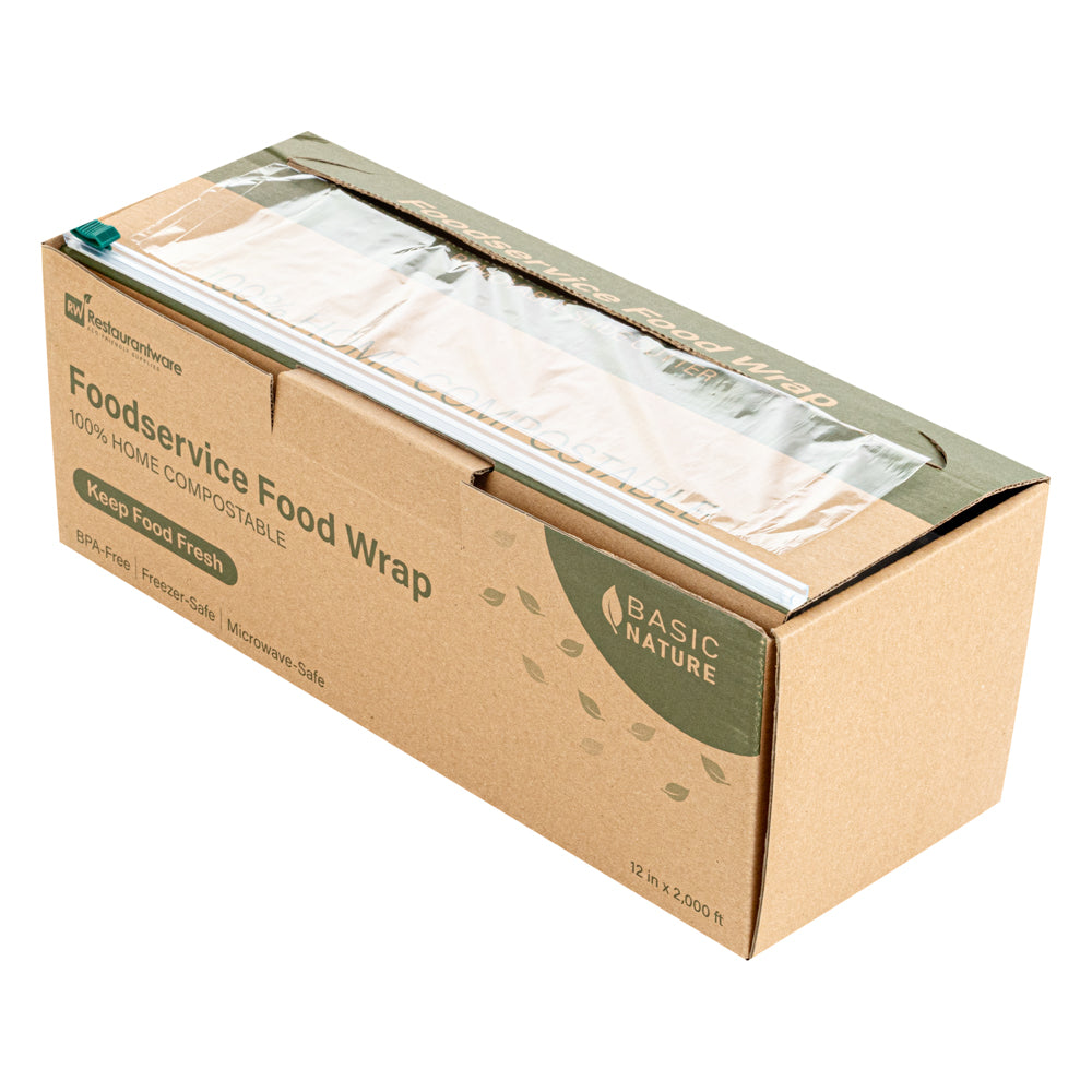 Basic Nature Clear Plastic Foodservice Food Wrap - Home Compostable, BPA-Free, Microwave-Safe - 12" x 2000' - 1 count box