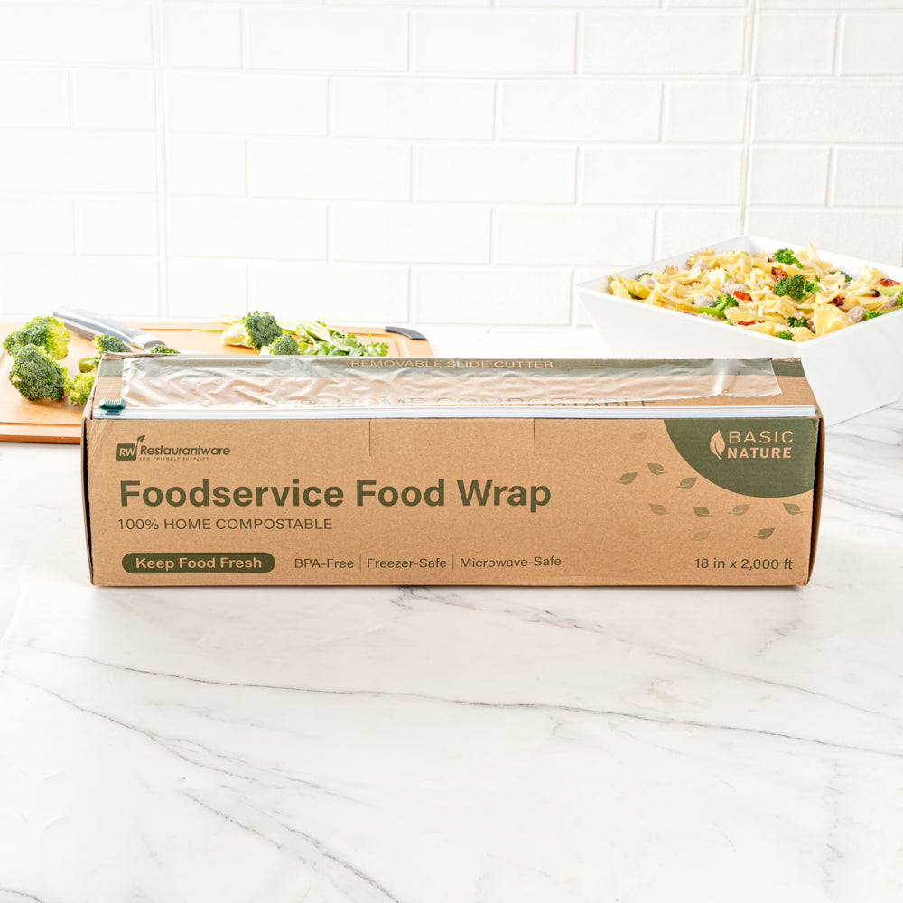 Basic Nature Clear Plastic Foodservice Food Wrap - Home Compostable, BPA-Free, Microwave-Safe - 18" x 2000' - 1 count box