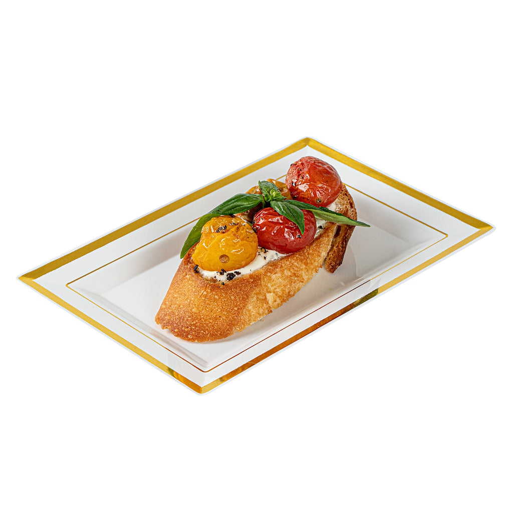 Moderna Rectangle White Plastic Gold-Rimmed Plate - 7 1/2" x 5 1/4" x 1/2" - 10 count box