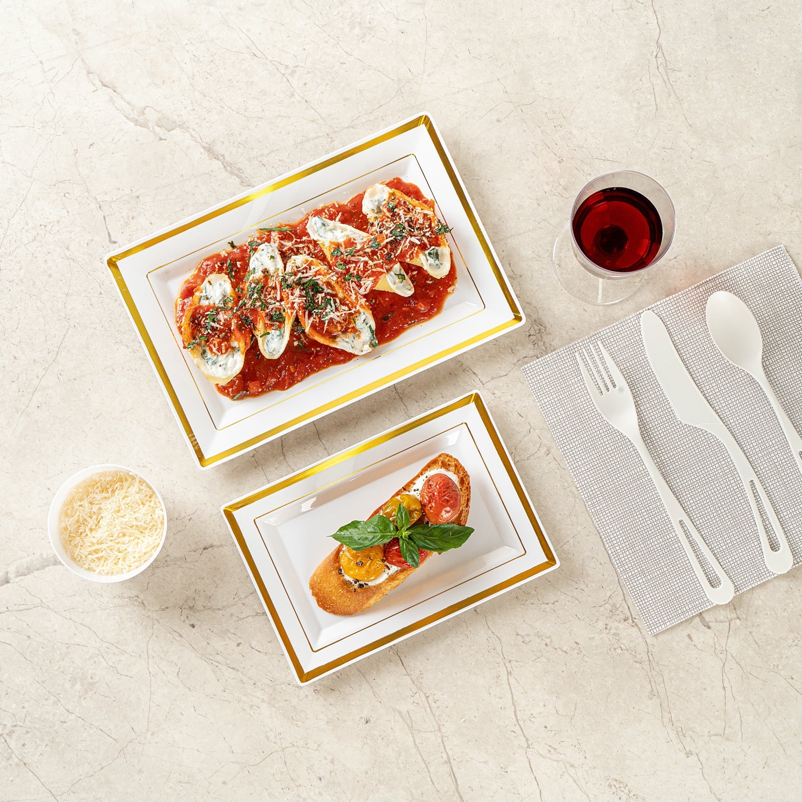Moderna Rectangle White Plastic Gold-Rimmed Plate - 7 1/2" x 5 1/4" x 1/2" - 10 count box