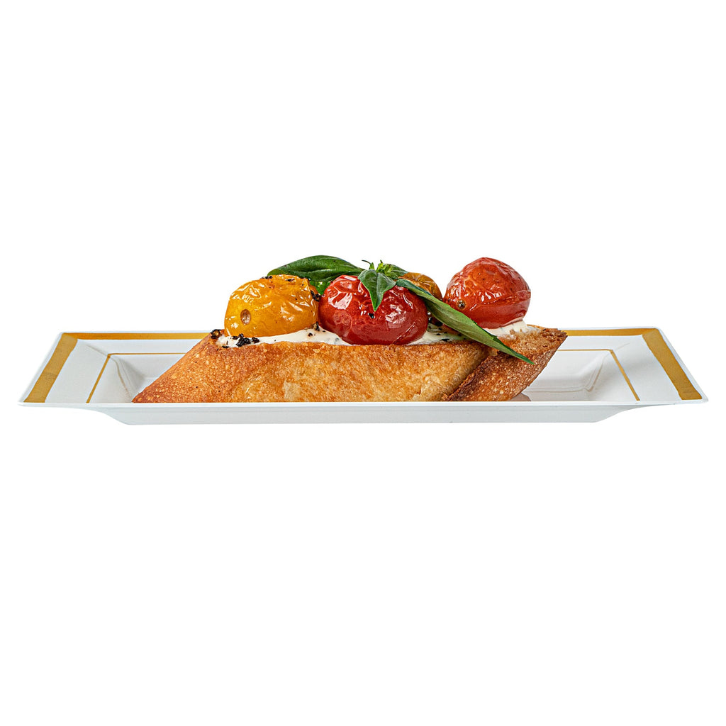 Moderna Rectangle White Plastic Gold-Rimmed Plate - 7 1/2" x 5 1/4" x 1/2" - 100 count box