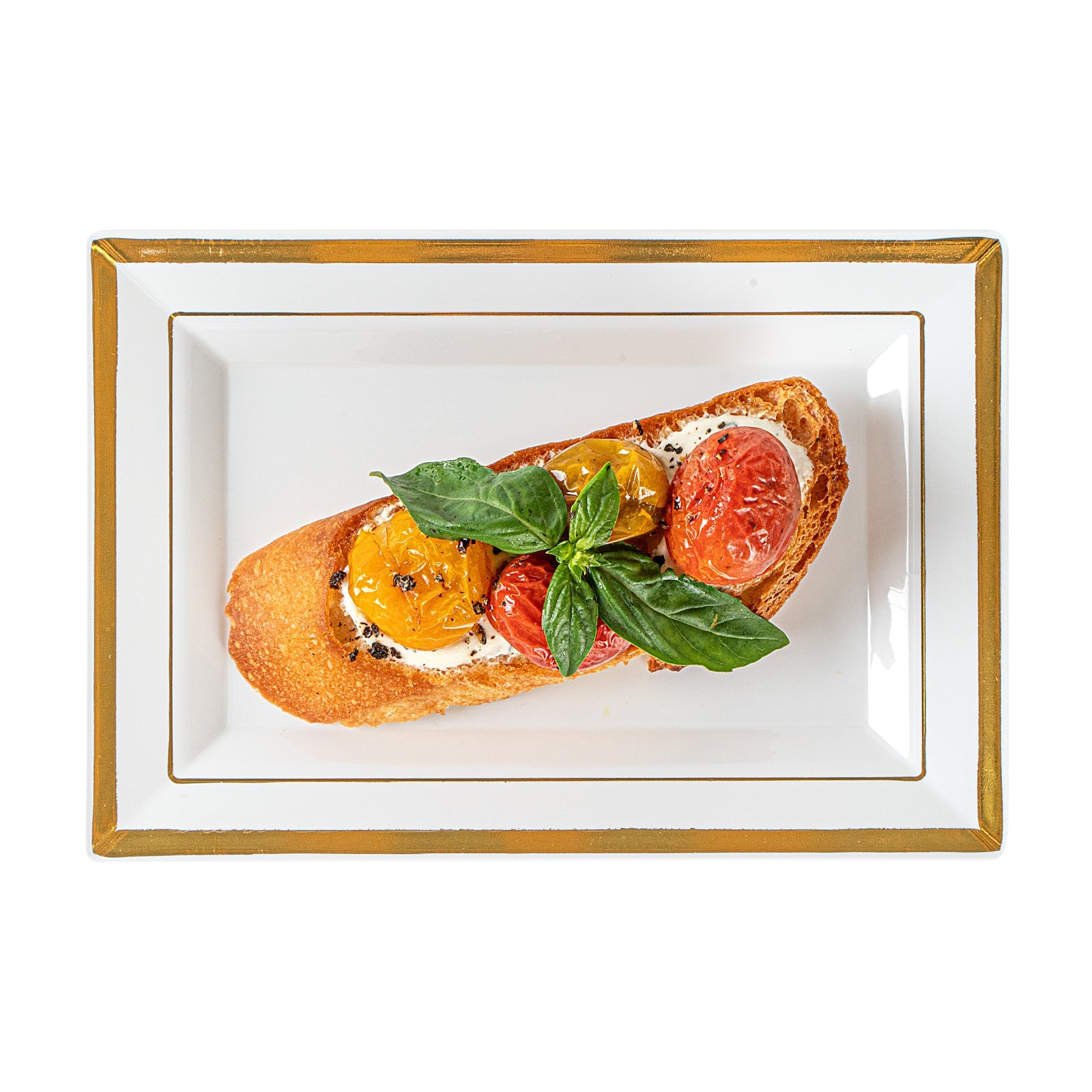 Moderna Rectangle White Plastic Gold-Rimmed Plate - 7 1/2" x 5 1/4" x 1/2" - 100 count box