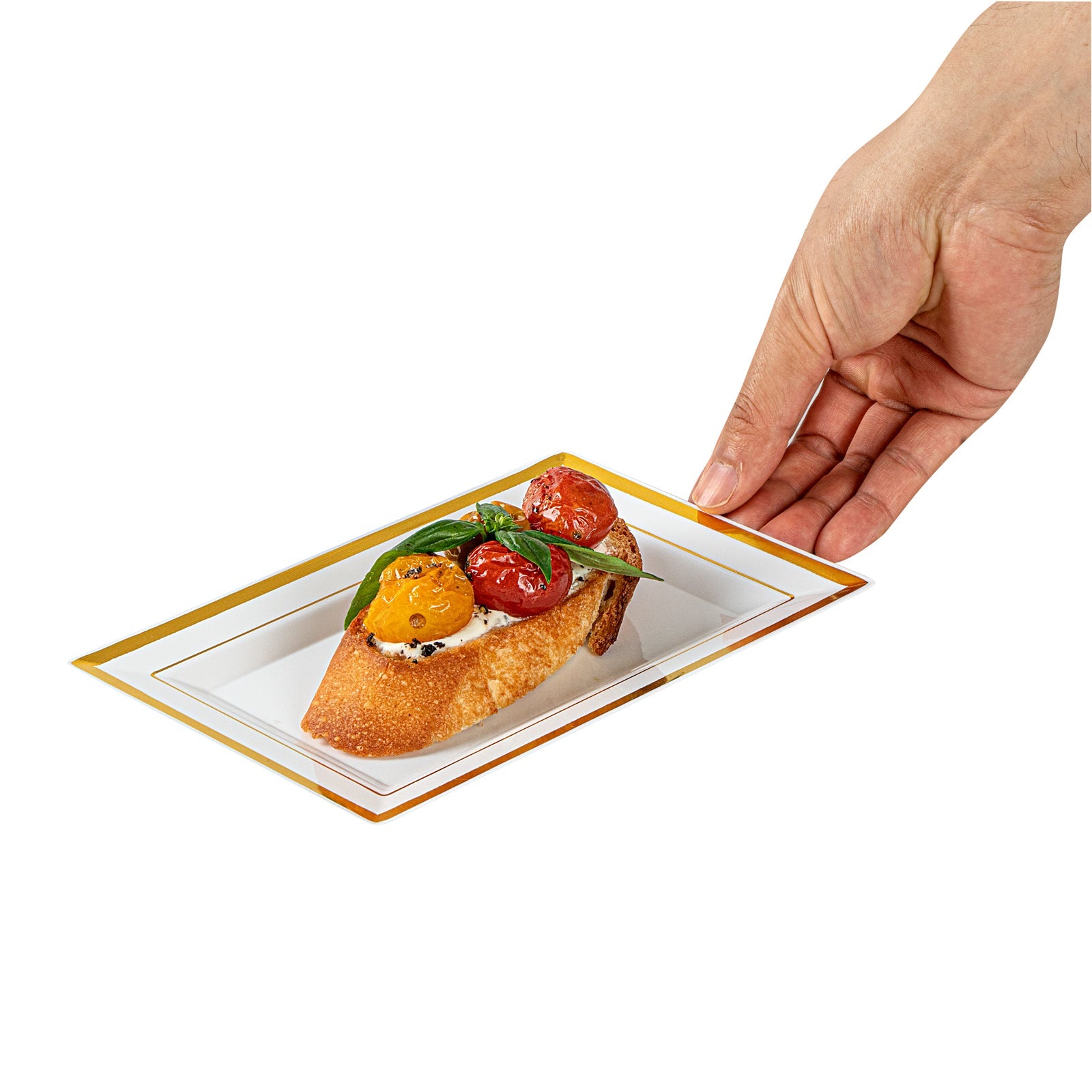 Moderna Rectangle White Plastic Gold-Rimmed Plate - 7 1/2" x 5 1/4" x 1/2" - 100 count box