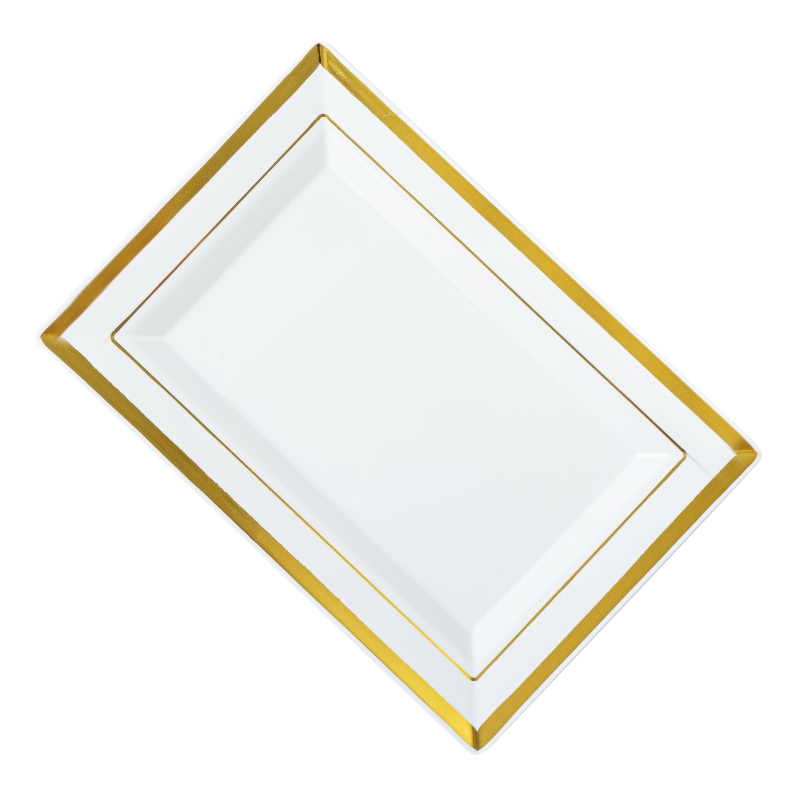 Moderna Rectangle White Plastic Gold-Rimmed Plate - 7 1/2" x 5 1/4" x 1/2" - 100 count box
