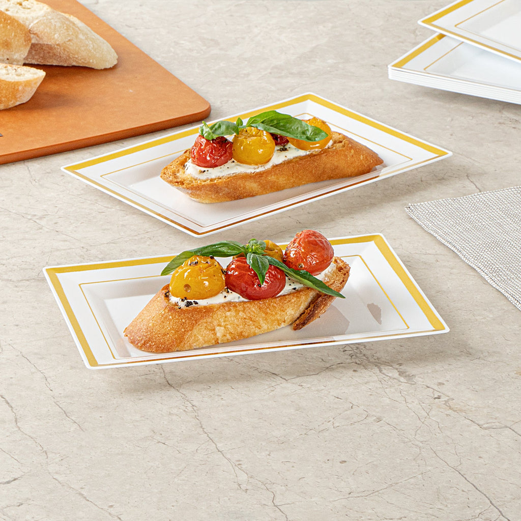 Moderna Rectangle White Plastic Gold-Rimmed Plate - 7 1/2" x 5 1/4" x 1/2" - 100 count box