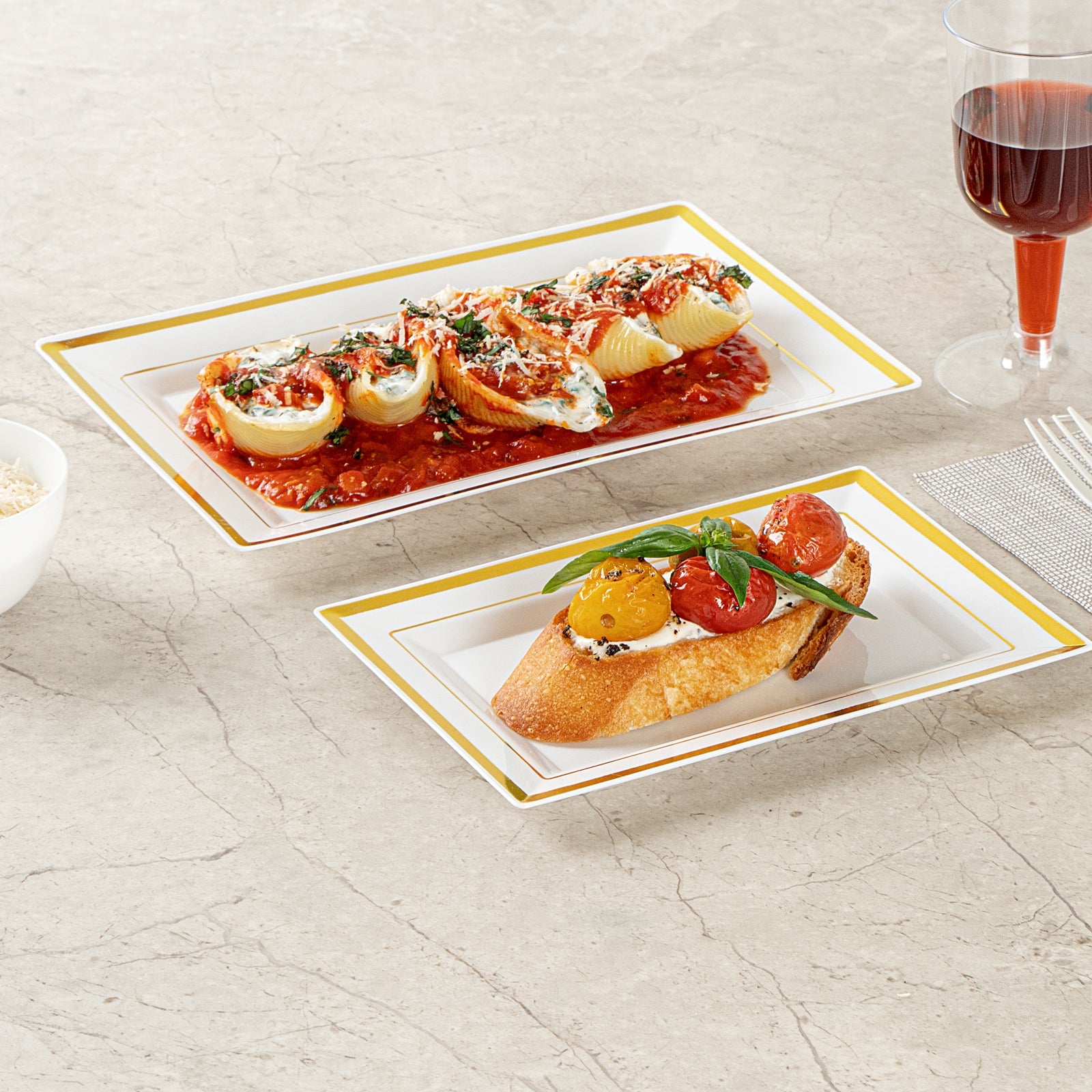 Moderna Rectangle White Plastic Gold-Rimmed Plate - 7 1/2" x 5 1/4" x 1/2" - 100 count box