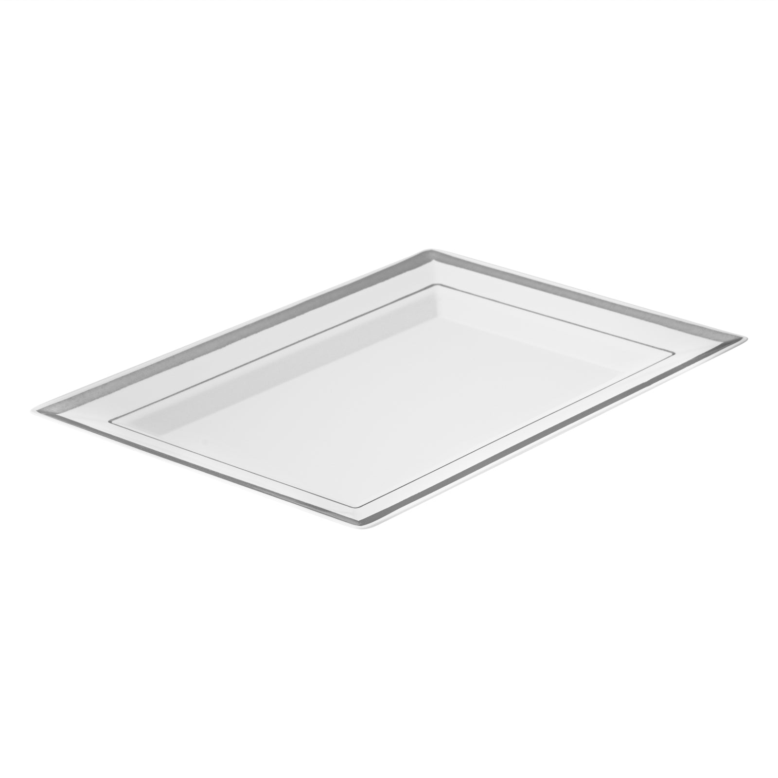 Moderna Rectangle White Plastic Silver-Rimmed Plate - 7 1/2" x 5 1/4" x 1/2" - 10 count box