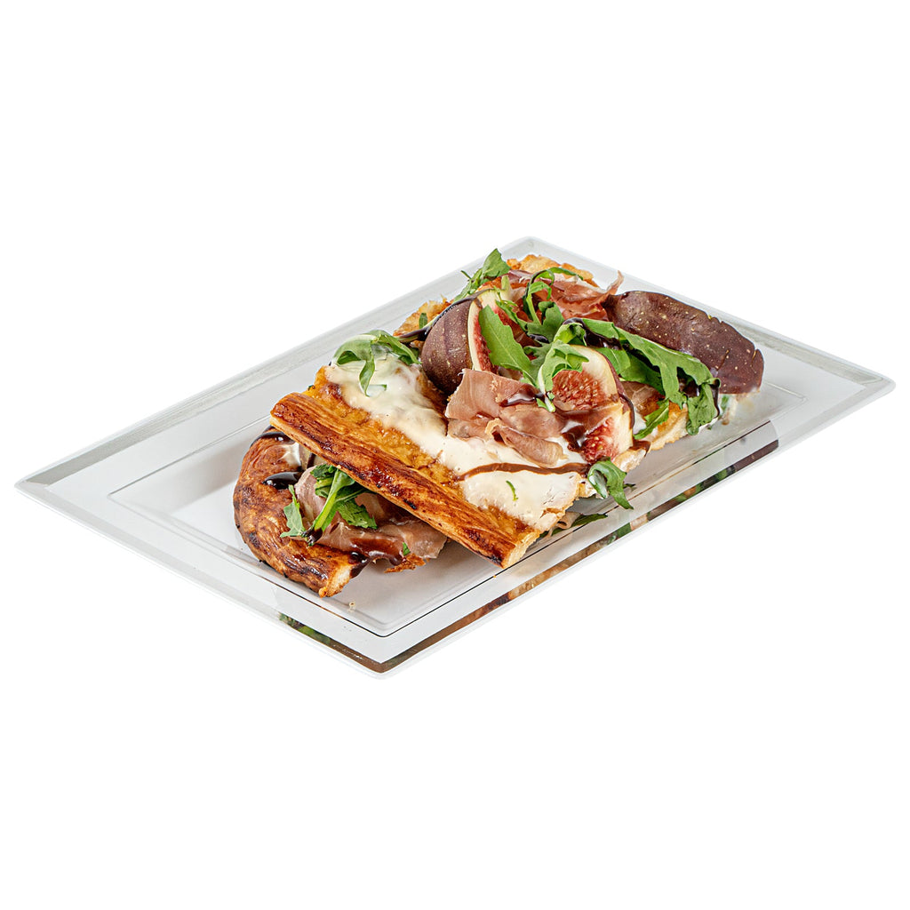 Moderna Rectangle White Plastic Silver-Rimmed Plate - 7 1/2" x 5 1/4" x 1/2" - 10 count box