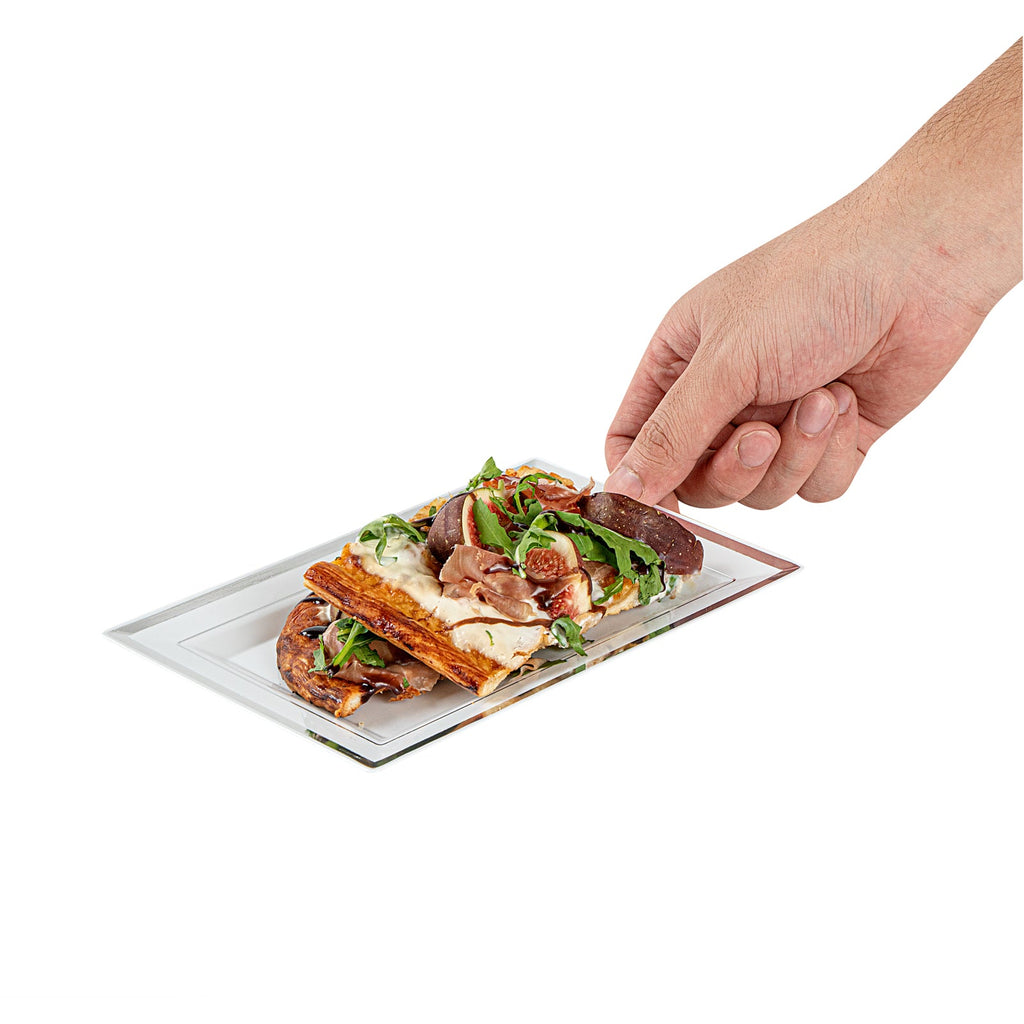 Moderna Rectangle White Plastic Silver-Rimmed Plate - 7 1/2" x 5 1/4" x 1/2" - 10 count box