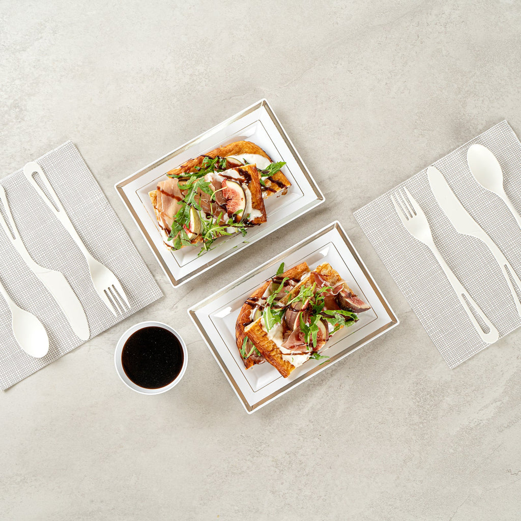 Moderna Rectangle White Plastic Silver-Rimmed Plate - 7 1/2" x 5 1/4" x 1/2" - 10 count box
