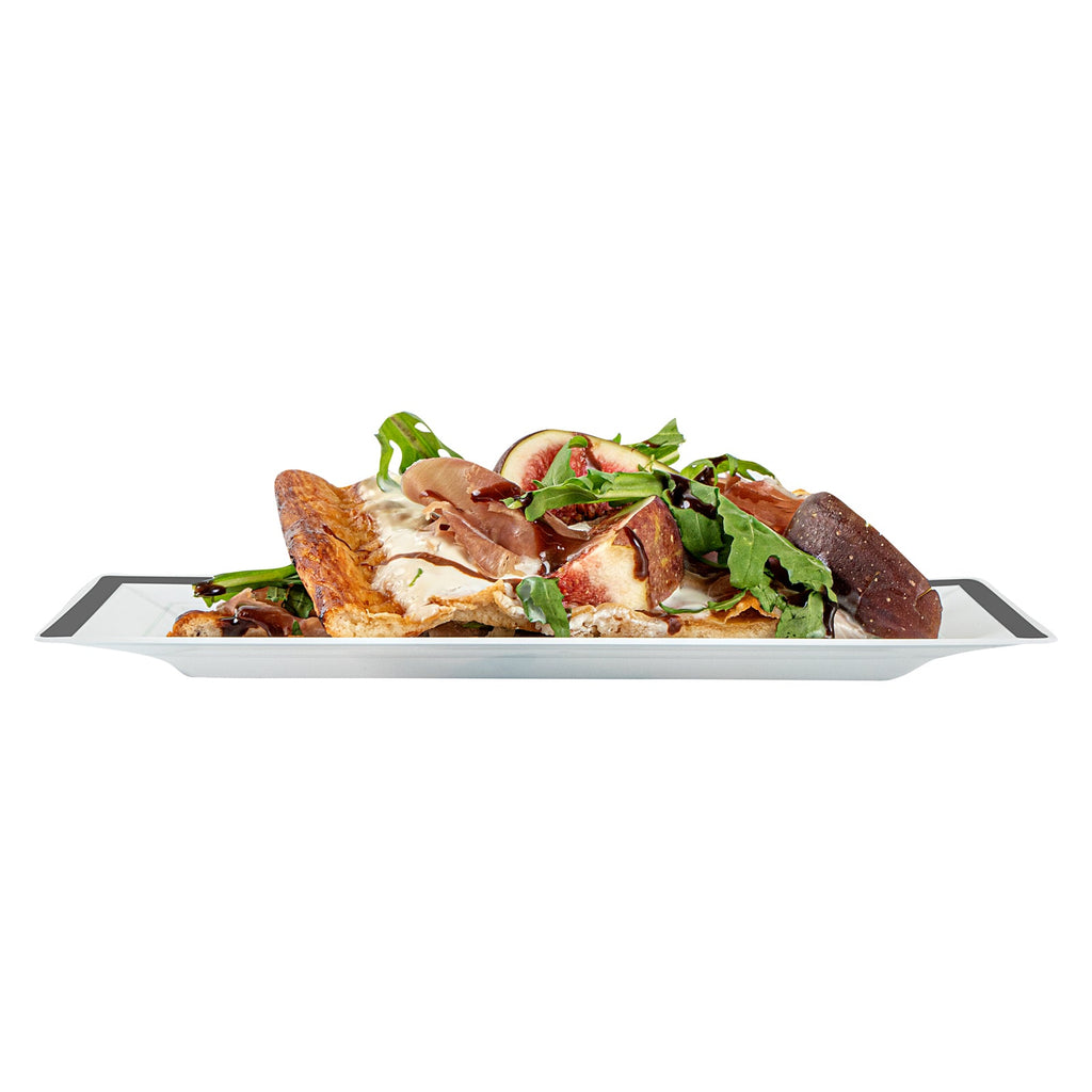 Moderna Rectangle White Plastic Silver-Rimmed Plate - 7 1/2" x 5 1/4" x 1/2" - 100 count box