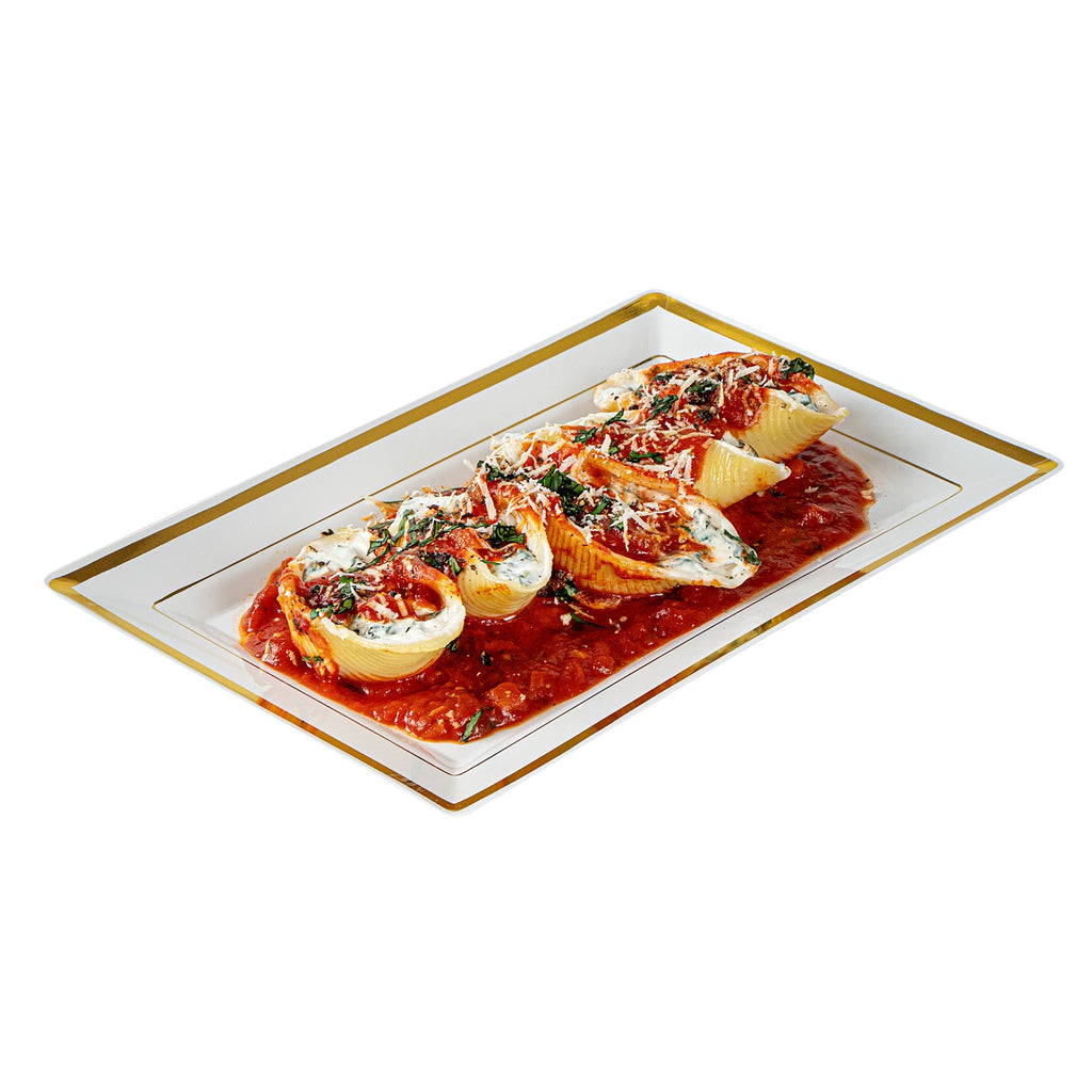 Moderna Rectangle White Plastic Gold-Rimmed Plate - 9 1/2" x 6 1/4" x 1/2" - 10 count box