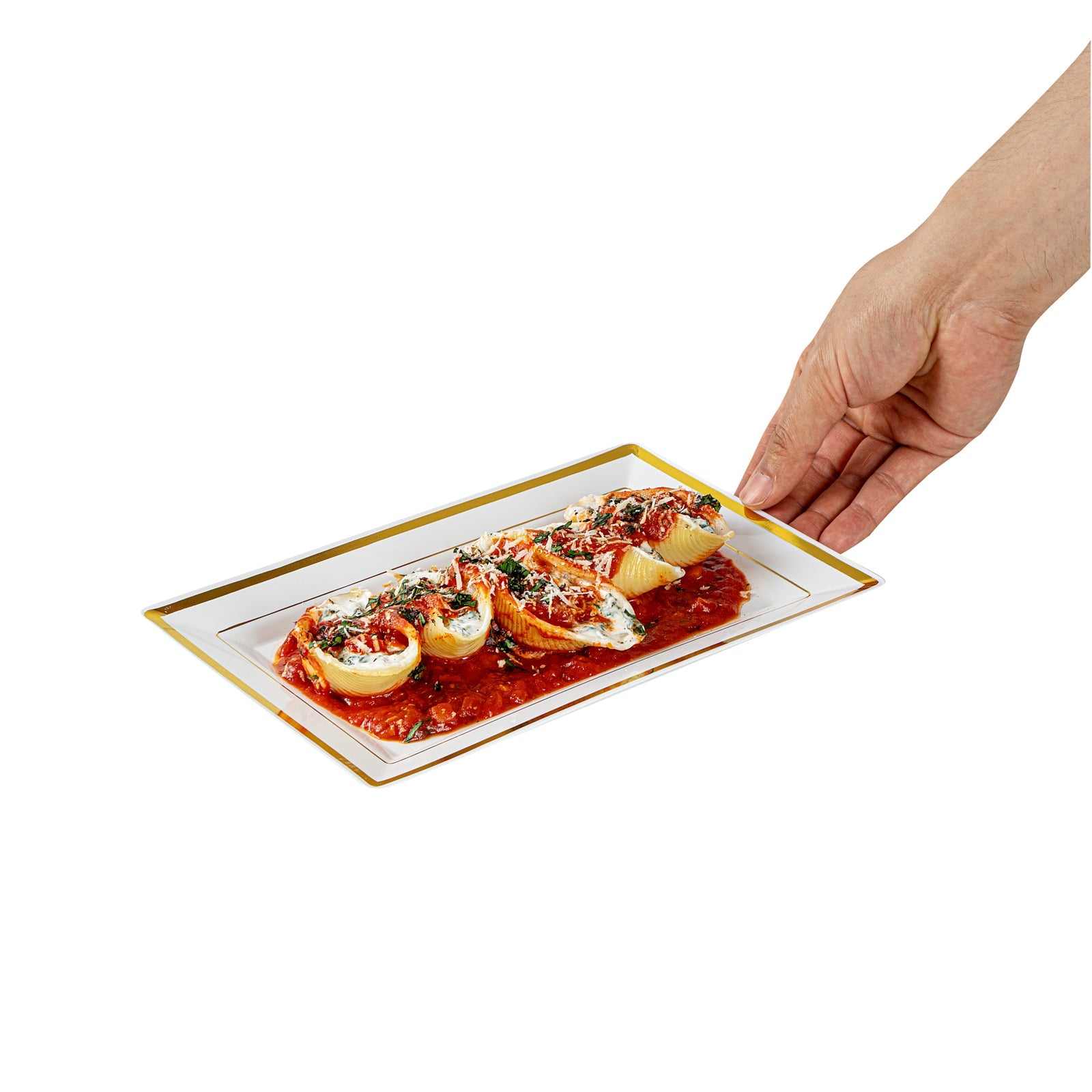 Moderna Rectangle White Plastic Gold-Rimmed Plate - 9 1/2" x 6 1/4" x 1/2" - 10 count box