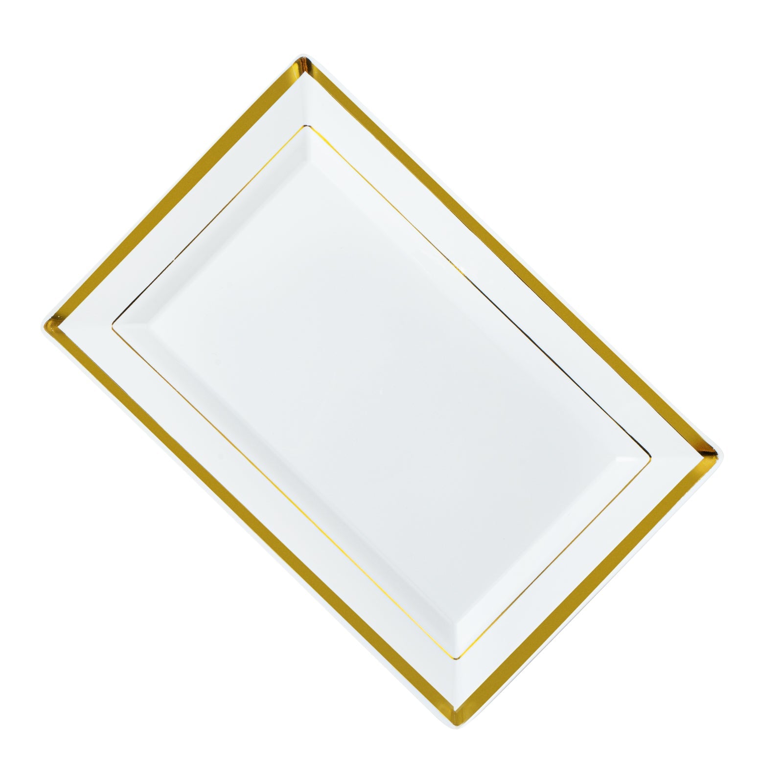 Moderna Rectangle White Plastic Gold-Rimmed Plate - 9 1/2" x 6 1/4" x 1/2" - 100 count box