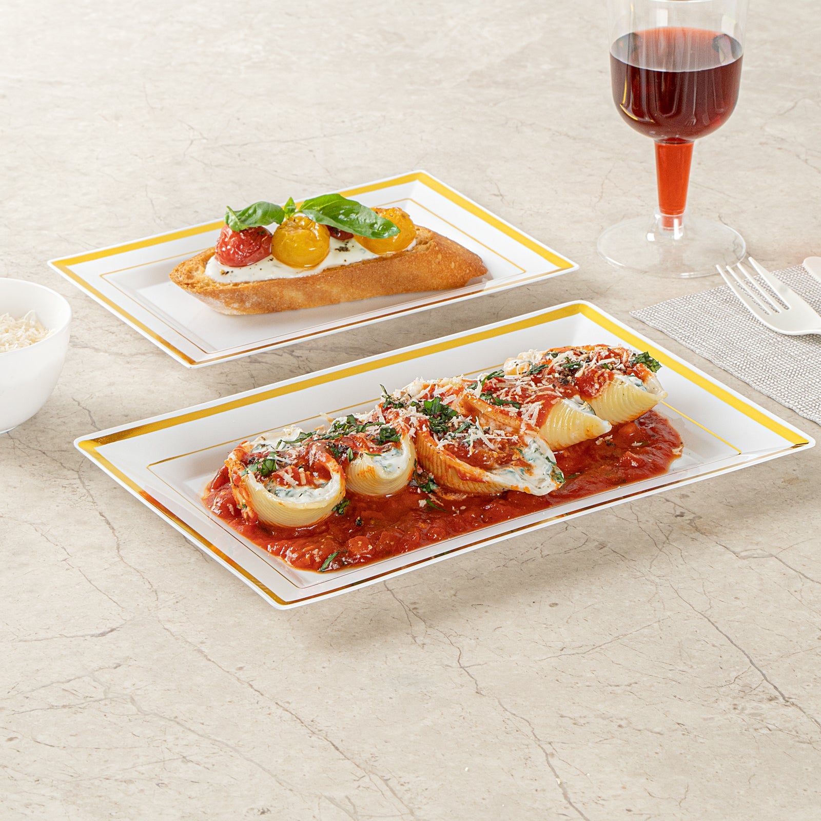 Moderna Rectangle White Plastic Gold-Rimmed Plate - 9 1/2" x 6 1/4" x 1/2" - 100 count box