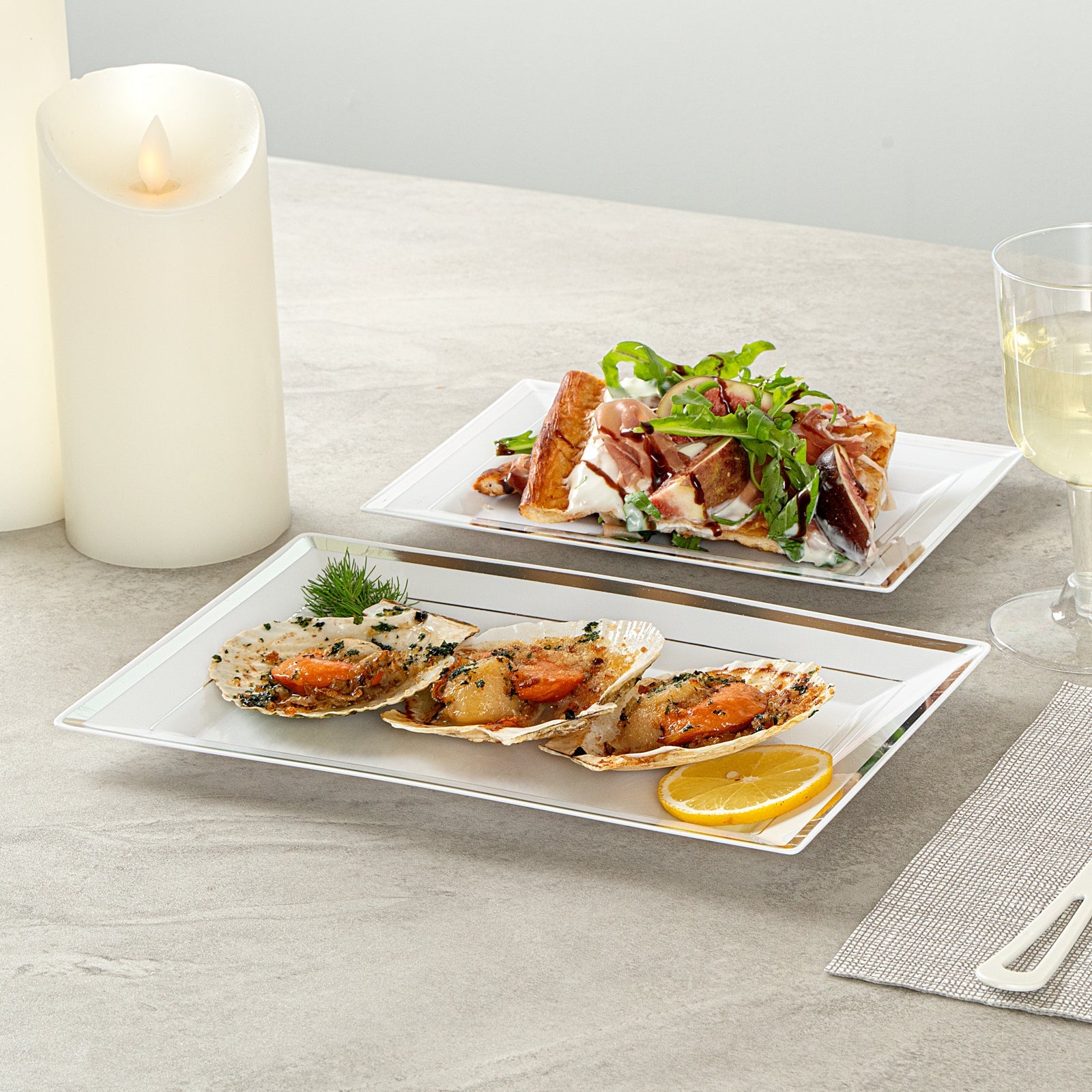 Moderna Rectangle White Plastic Silver-Rimmed Plate - 9 1/2" x 6 1/4" x 1/2" - 10 count box