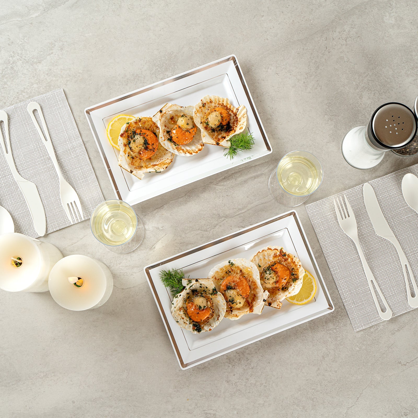 Moderna Rectangle White Plastic Silver-Rimmed Plate - 9 1/2" x 6 1/4" x 1/2" - 10 count box