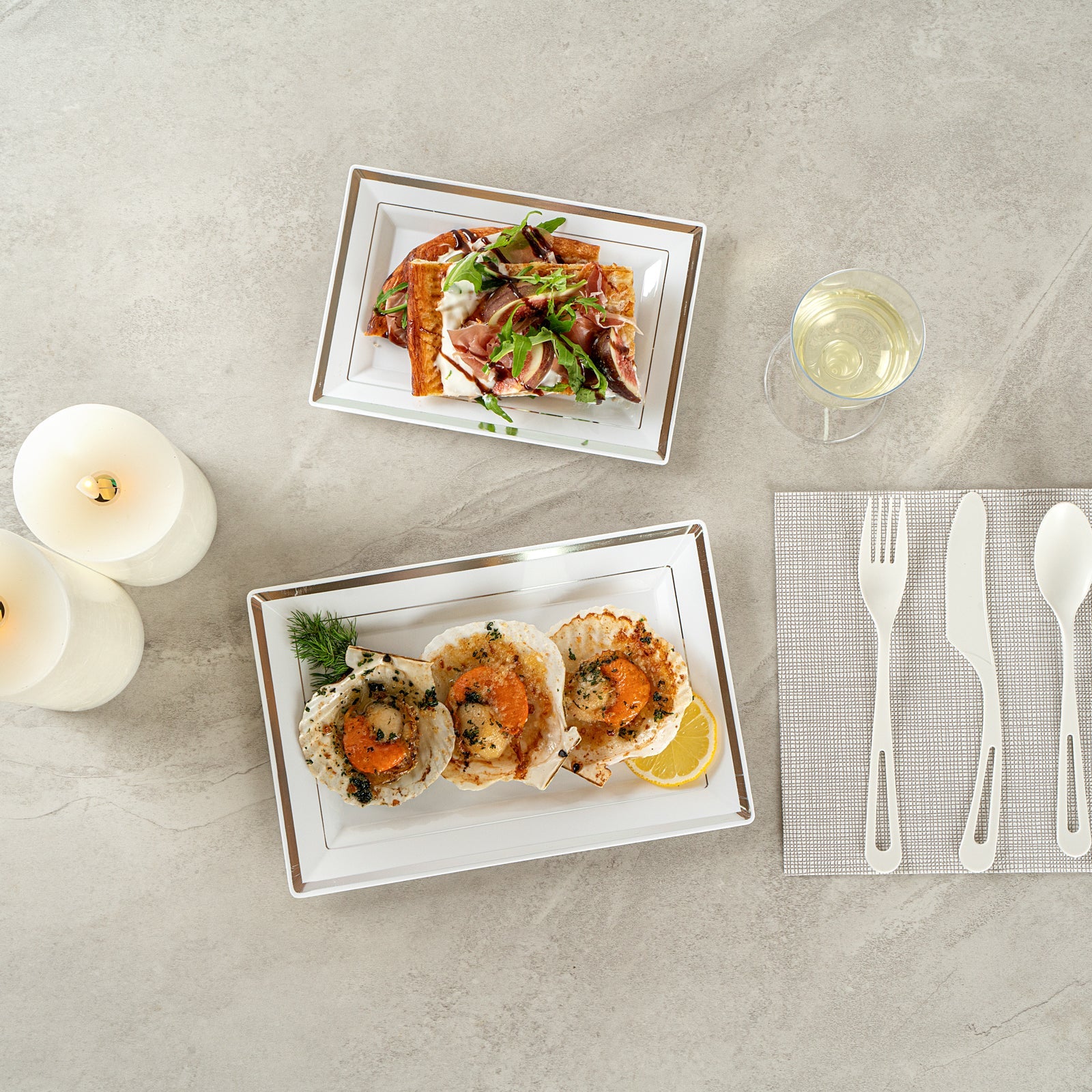 Moderna Rectangle White Plastic Silver-Rimmed Plate - 9 1/2" x 6 1/4" x 1/2" - 10 count box