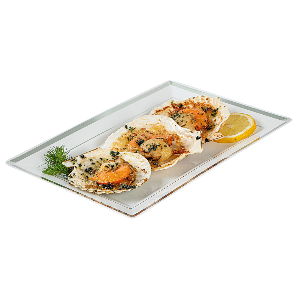 Moderna Rectangle White Plastic Silver-Rimmed Plate - 9 1/2" x 6 1/4" x 1/2" - 100 count box