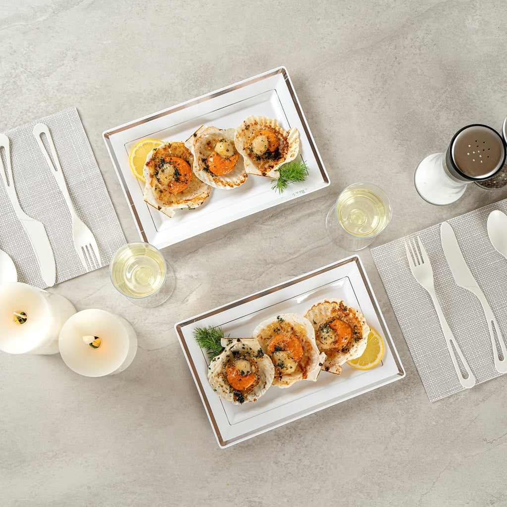 Moderna Rectangle White Plastic Silver-Rimmed Plate - 9 1/2" x 6 1/4" x 1/2" - 100 count box