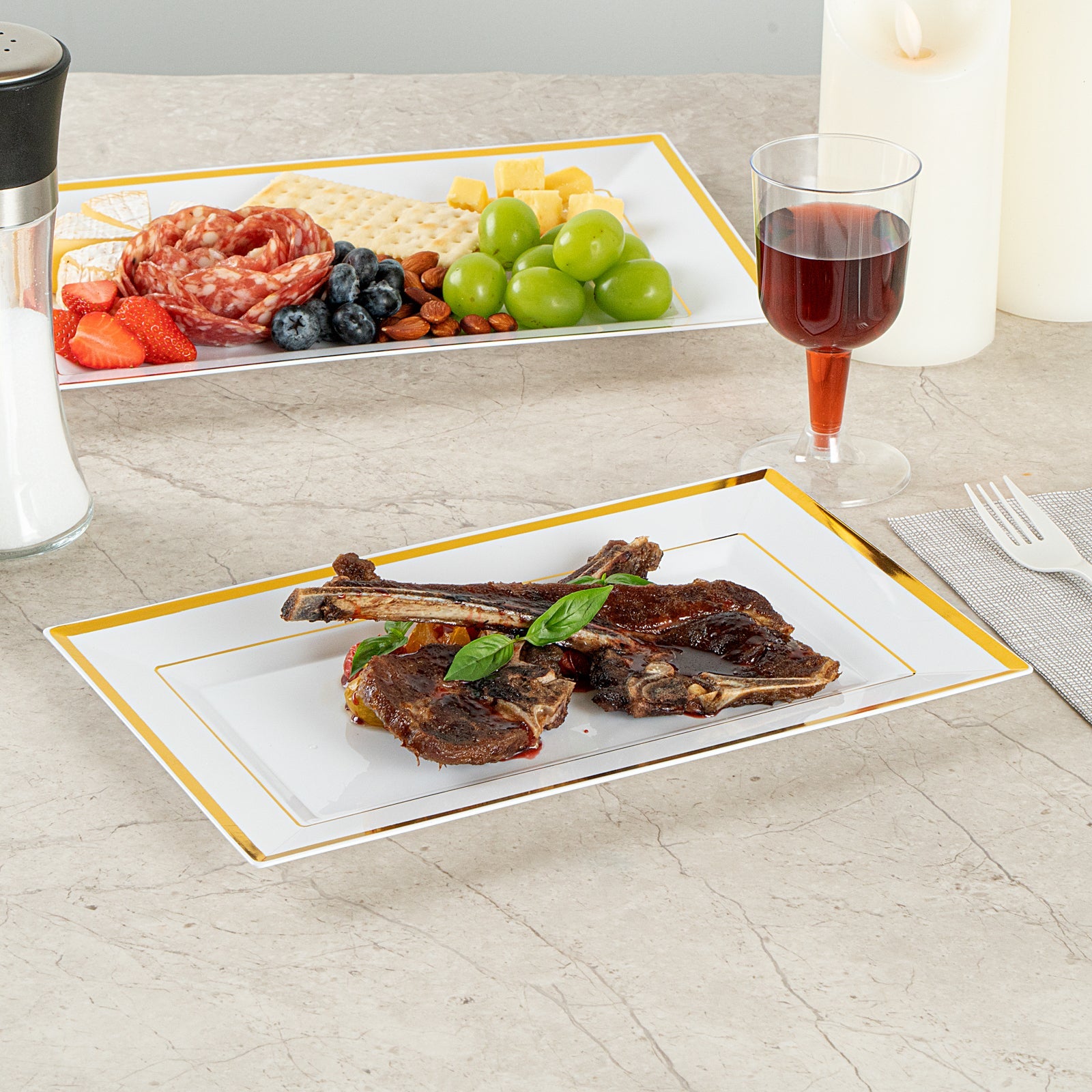 Moderna Rectangle White Plastic Gold-Rimmed Plate - 11 1/2" x 7 1/4" x 3/4" - 10 count box