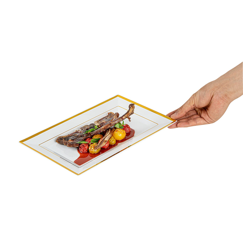 Moderna Rectangle White Plastic Gold-Rimmed Plate - 11 1/2" x 7 1/4" x 3/4" - 10 count box