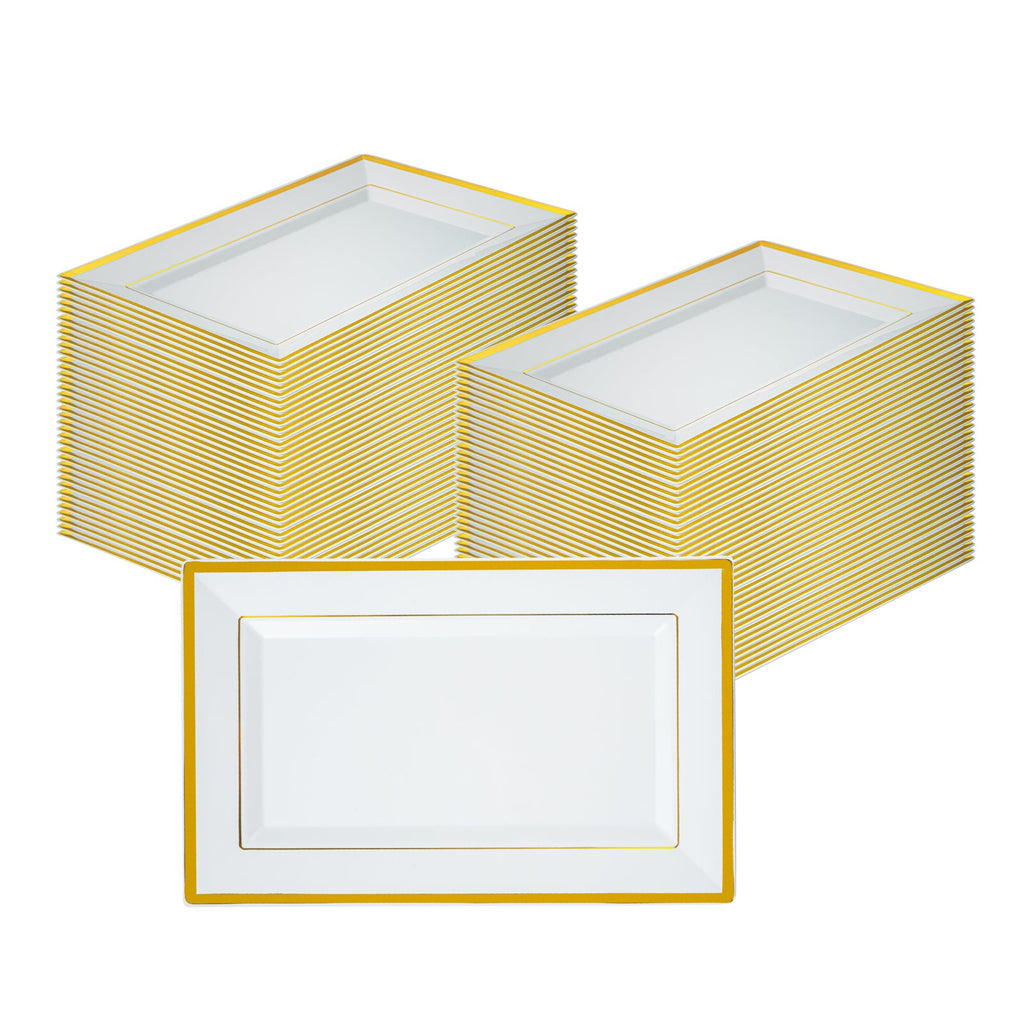 Moderna Rectangle White Plastic Gold-Rimmed Plate - 11 1/2" x 7 1/4" x 3/4" - 100 count box
