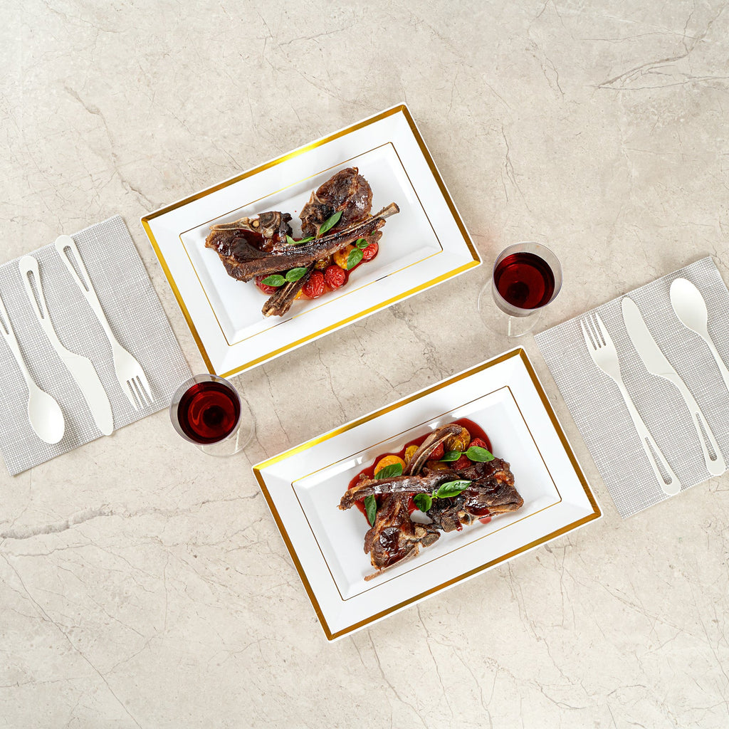 Moderna Rectangle White Plastic Gold-Rimmed Plate - 11 1/2" x 7 1/4" x 3/4" - 100 count box