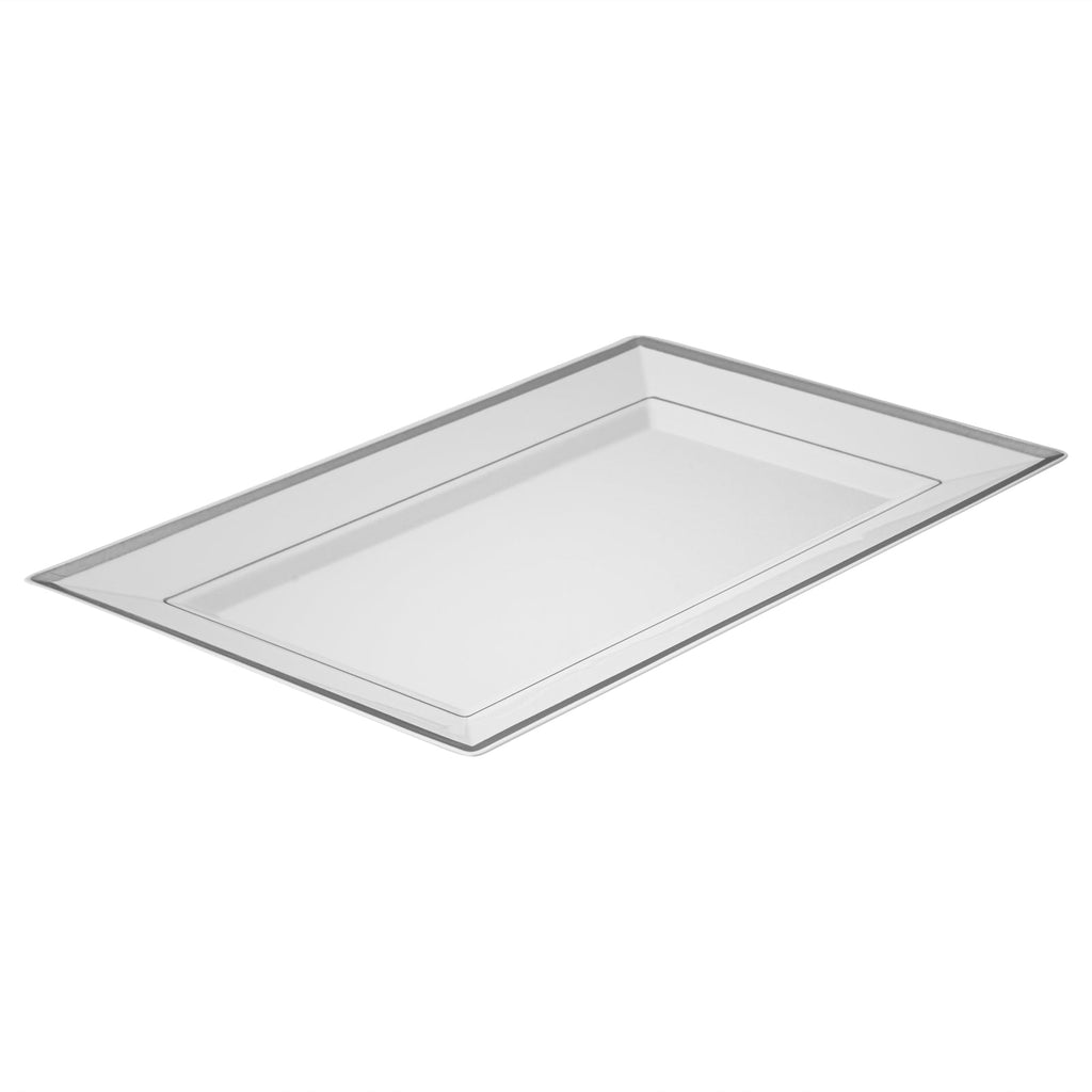 Moderna Rectangle White Plastic Silver-Rimmed Plate - 11 1/2" x 7 1/4" x 3/4" - 10 count box